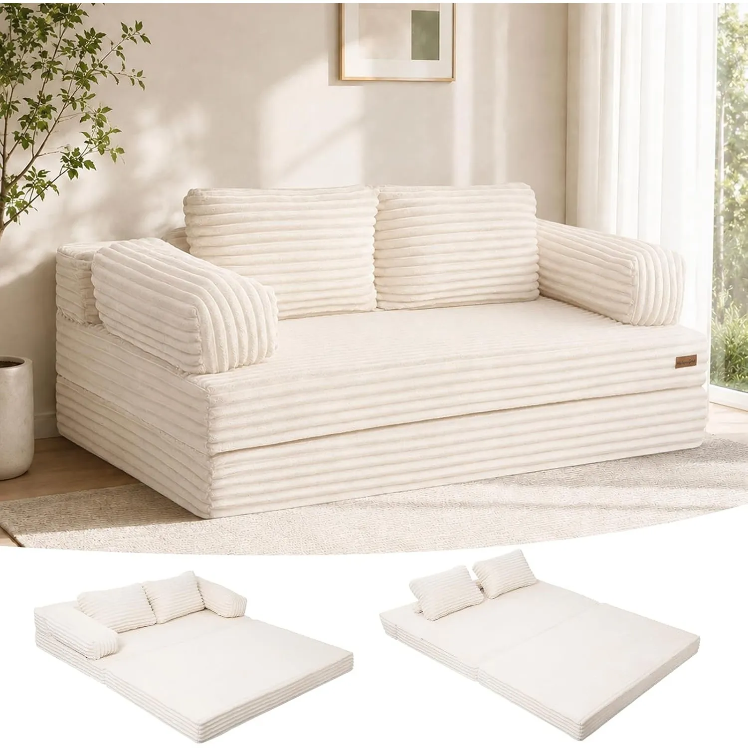 MeMoreCool Cord Schlafsofa Klappbares Bodensofa 3-in-1 mit Kissen Beige