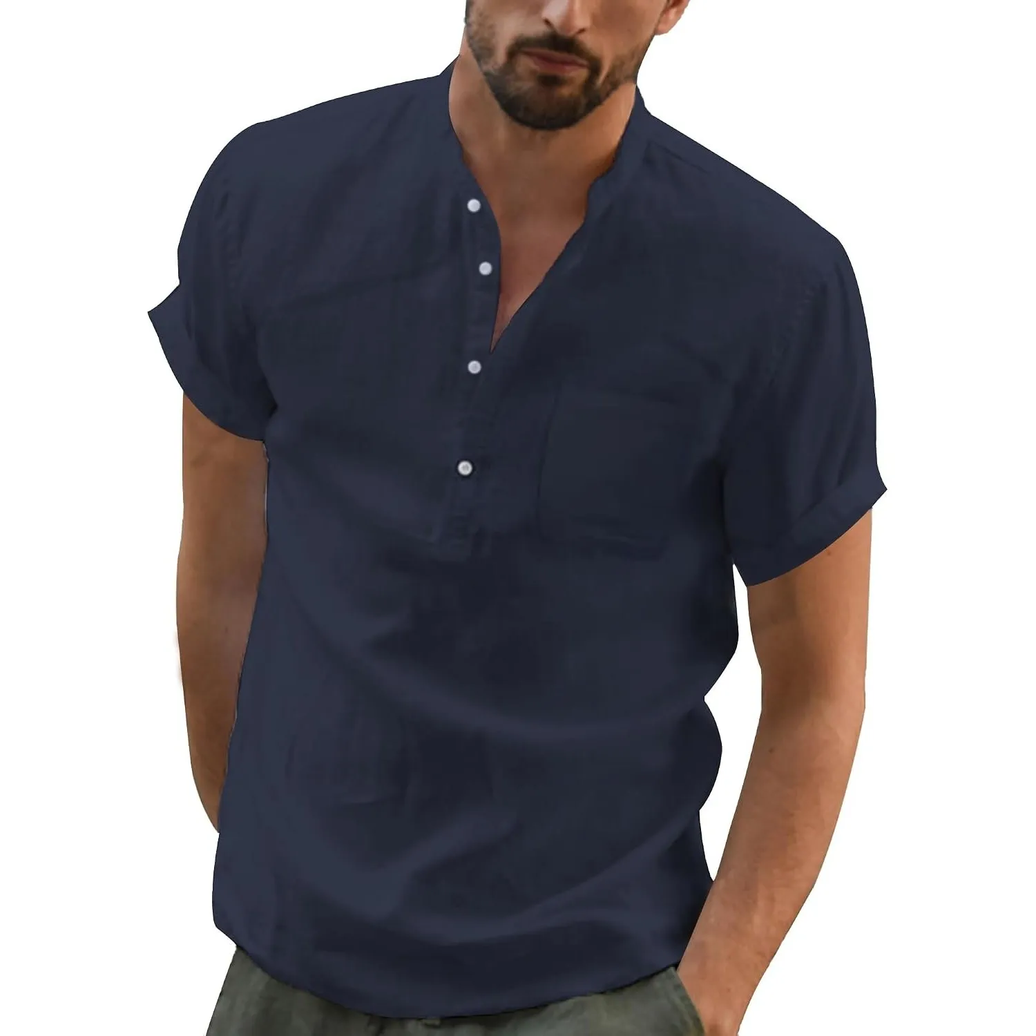 Leinen Hemd Herren Kurzarm Sommer Shirt Männer Henley mit Brusttasche Universal Fit M-3XL