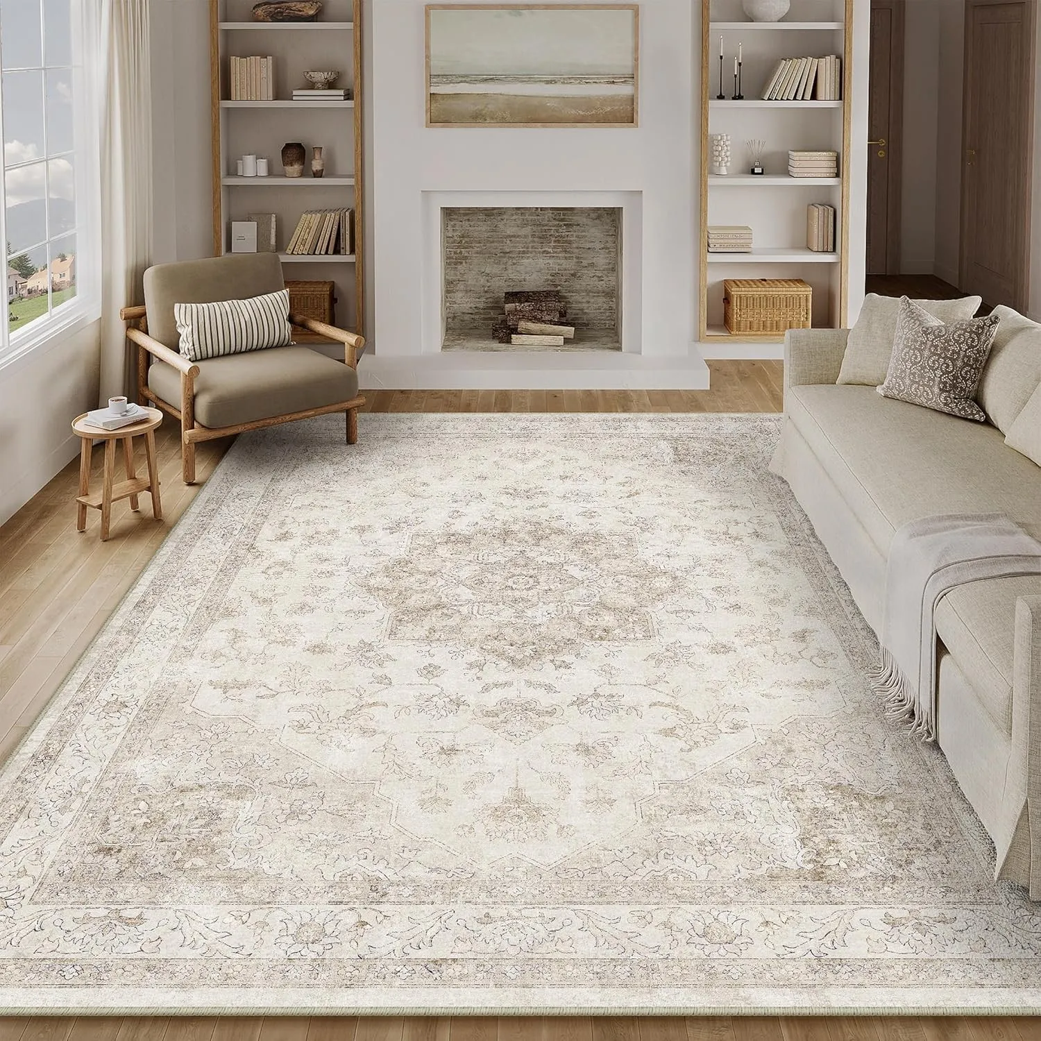 PureCozy Vintage Beige Teppich Wohnzimmer 240x300cm Waschbar | Waschbarer Teppich, Weich Rutschfest, Kurzflor Boho, für…