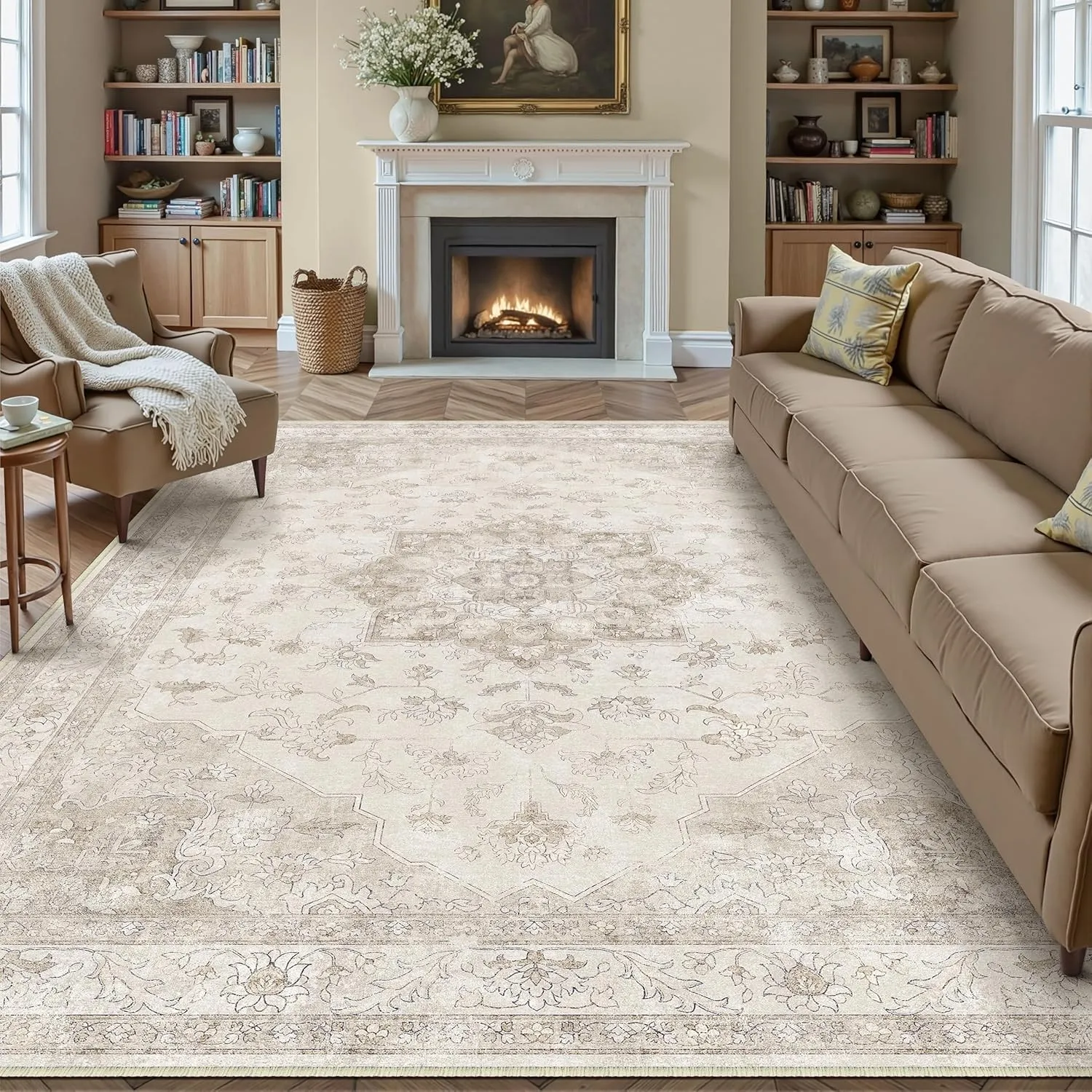 PureCozy Vintage Beige Teppich Wohnzimmer 300x400cm Waschbar | Waschbarer Teppich, Weich Rutschfest, Kurzflor Boho, für…