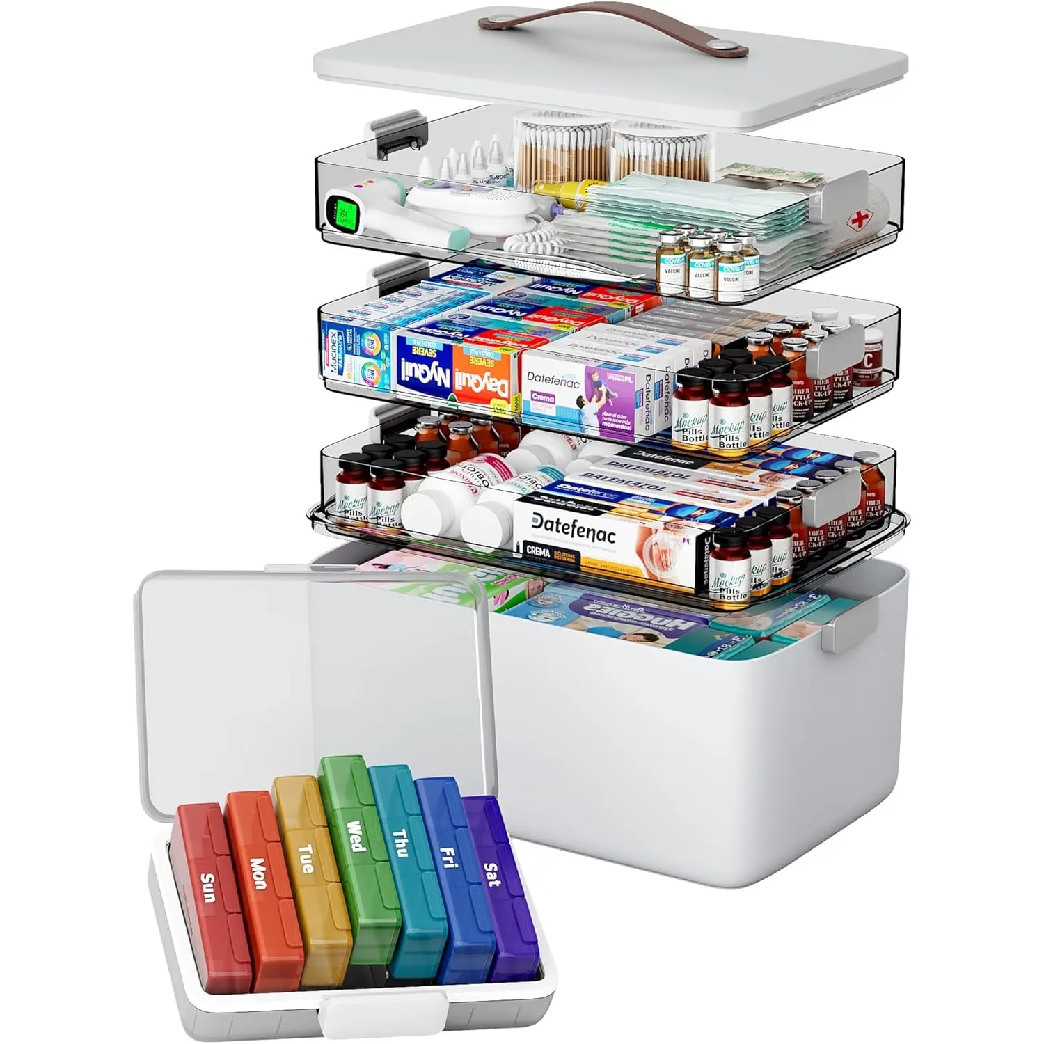 CTIME 4-lagige XXL-Medikamentenbox (Set) – Tragbarer Organizer mit Ledergriff, leerer Aufbewahrungskoffer für Haushalt,…