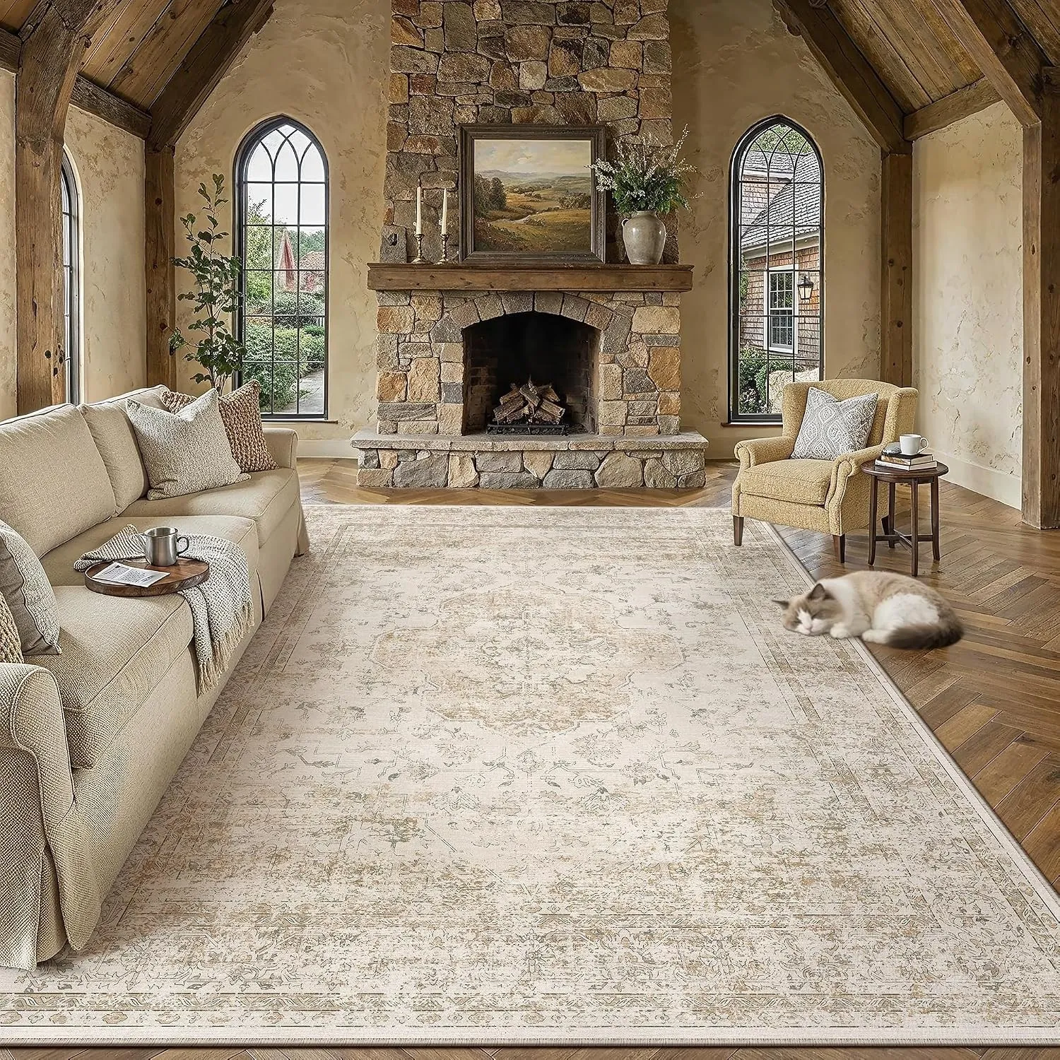 PureCozy Waschbarer Teppich Wohnzimmer 200x300cm Vintage Teppiche，Beige