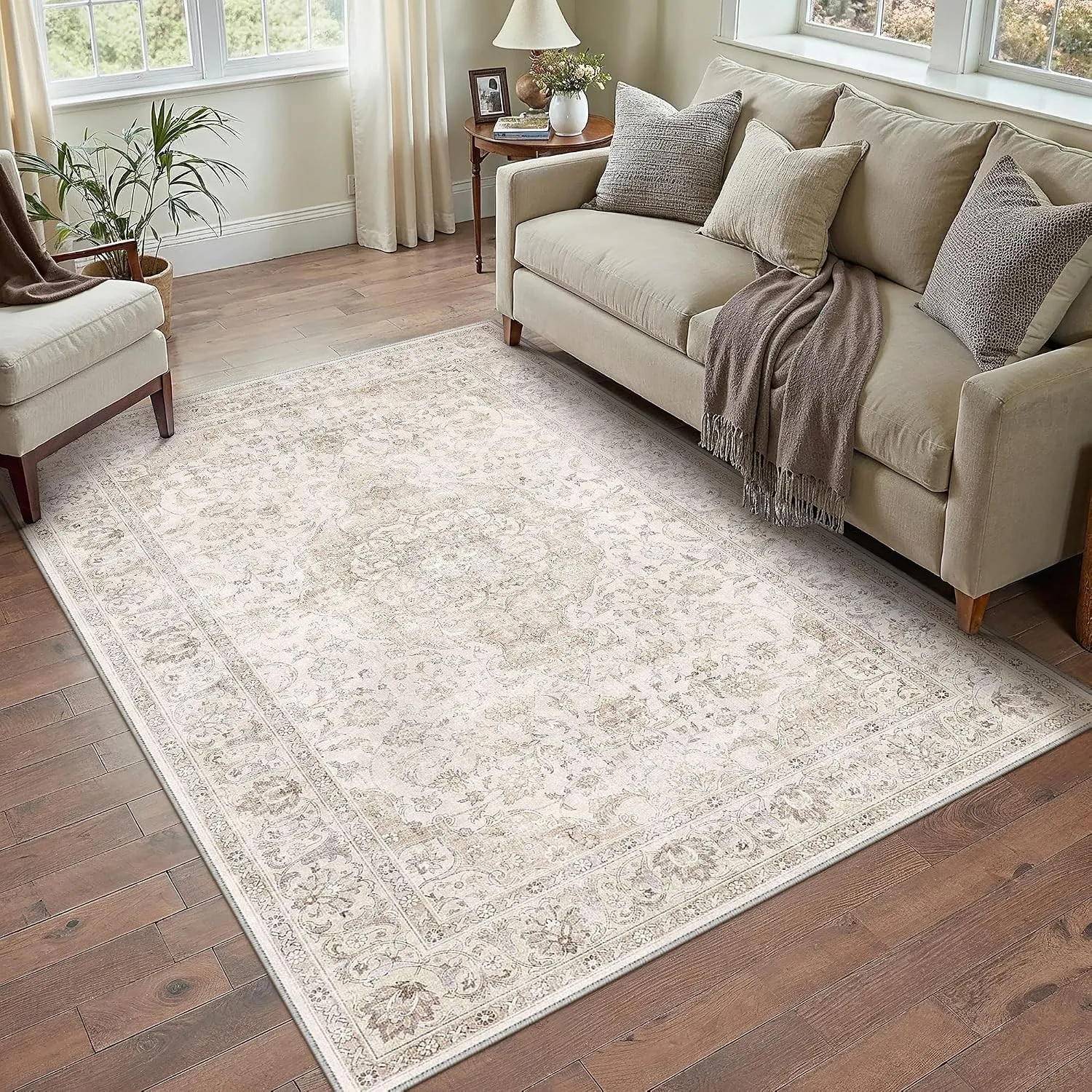 PureCozy Waschbarer Beige Teppich Wohnzimmer 140x200cm Vintage Tepich