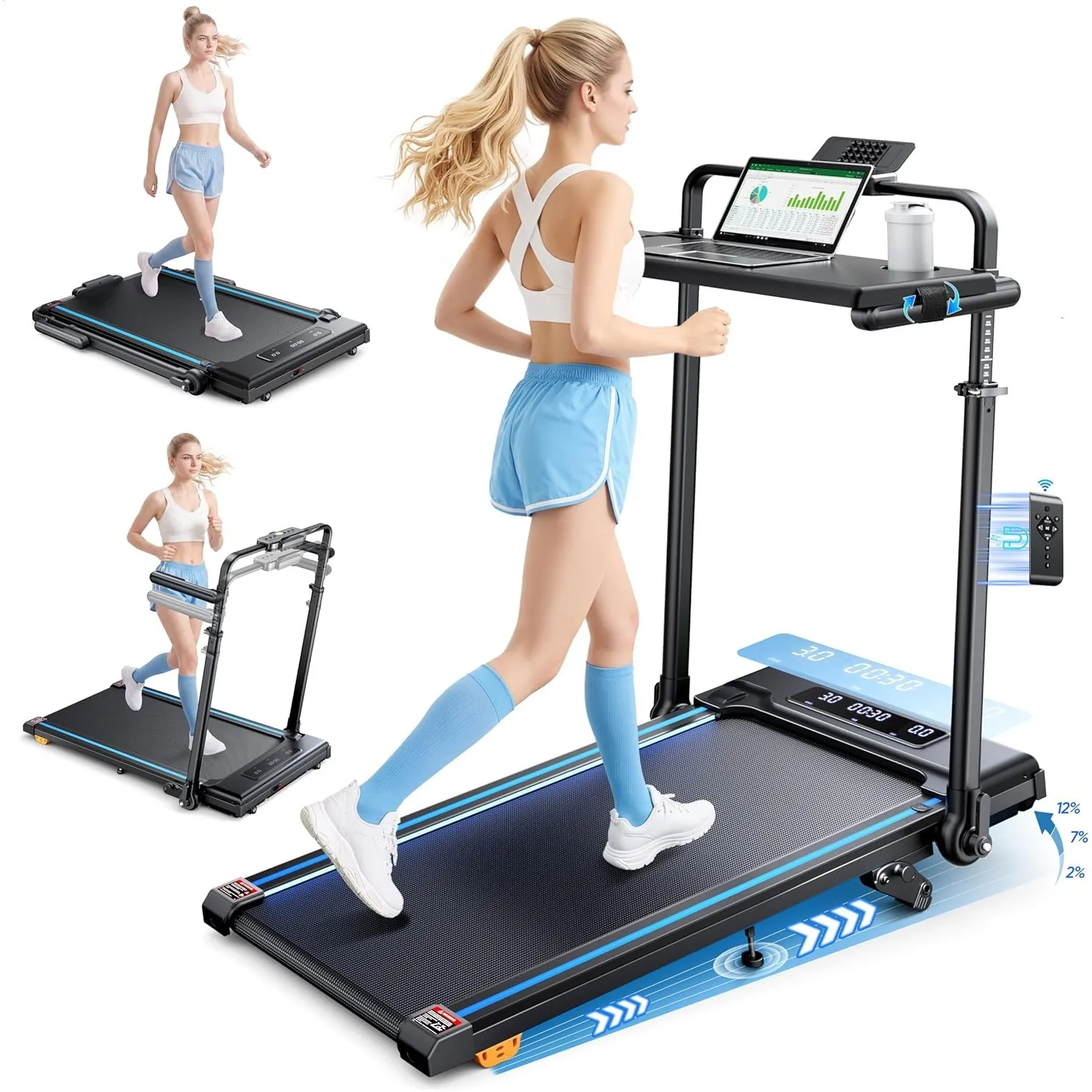6-IN-1 Laufband für Zuhause Klappbar mit Abnehmbarem Tisch,3.0HP Laufbander mit Steigung bis 12%,12KM/H Walking Pad Kla…