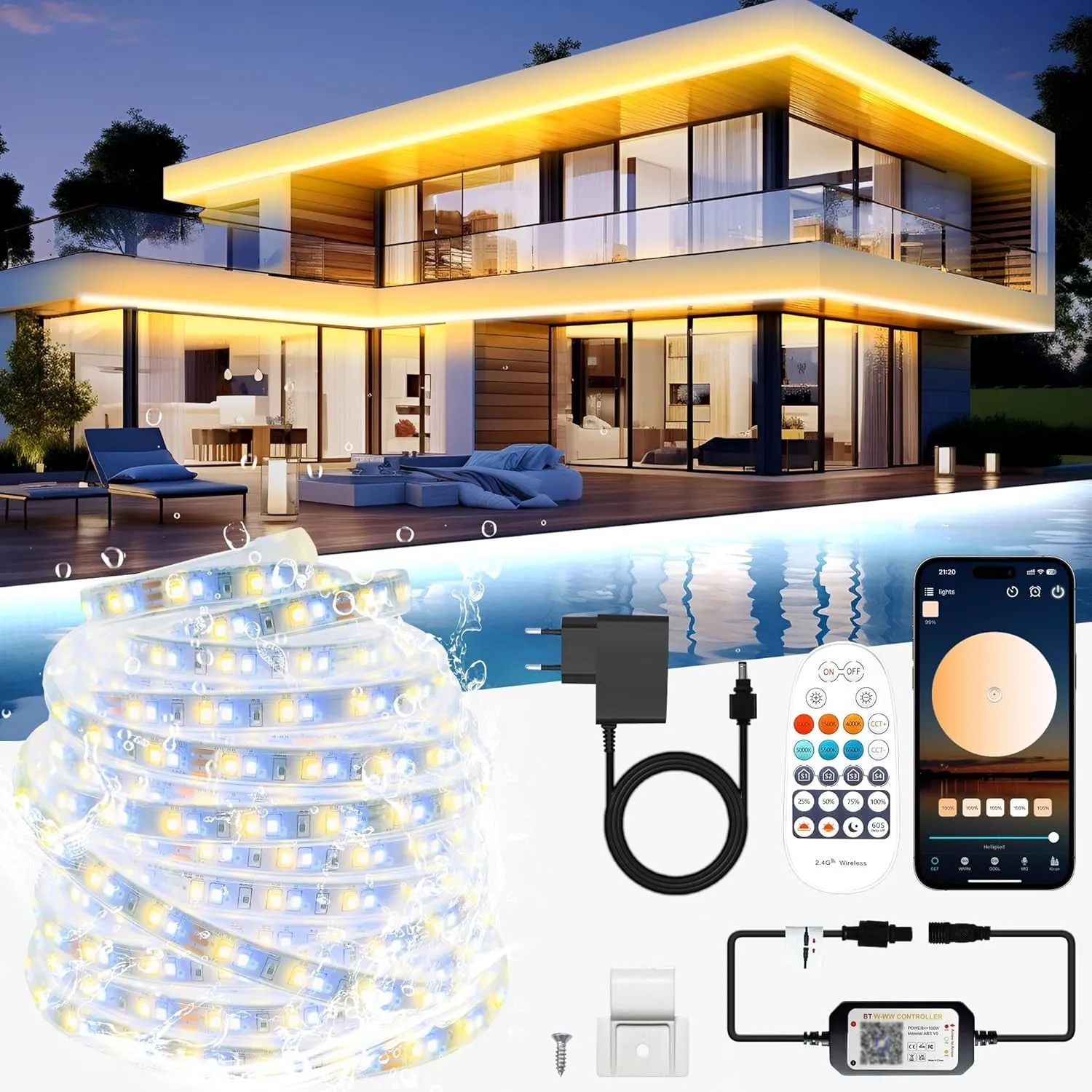 20M Outdoor LED Strip, LED Streifen Aussen Warmweiss zu Kaltweiß Wasserdicht IP67, 24V LED Lichtband Dimmbar mit Fernbe…