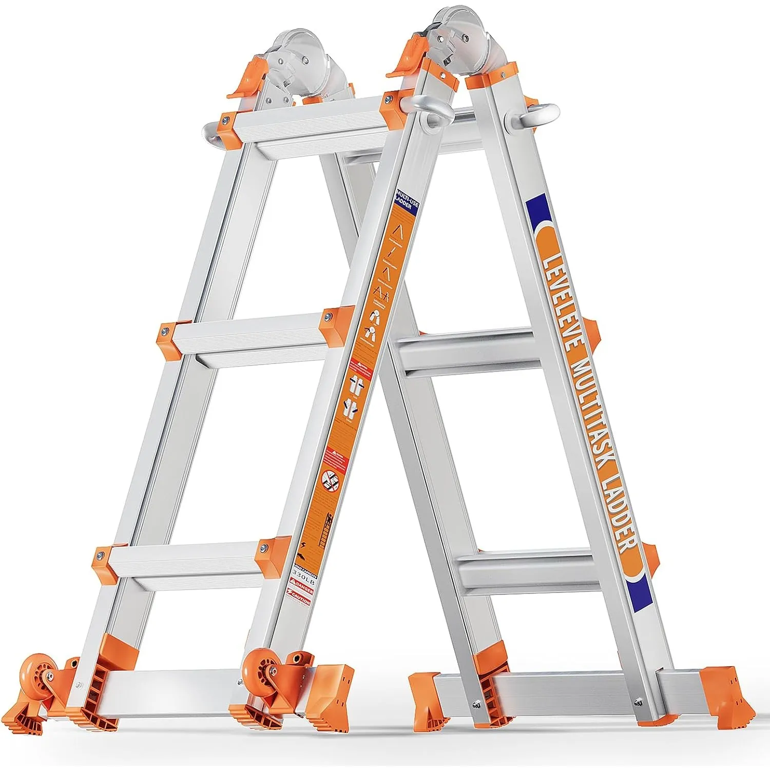 3-Stufen-Mehrzweckleiter, 3,35 m Ausziehleiter mit Stabilisatorstange & Rädern, 150 kg Tragfähigkeit, Sicherheits-A-Rah…