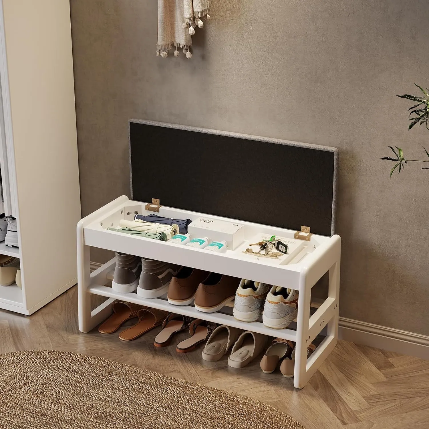 AQIMUELE Schuhregal Bank mit Kissen, 2 Ebenen, Schuhbank mit Klappdeckel, Schuhregal aus Holz für Eingang, Flur 80CM (W…