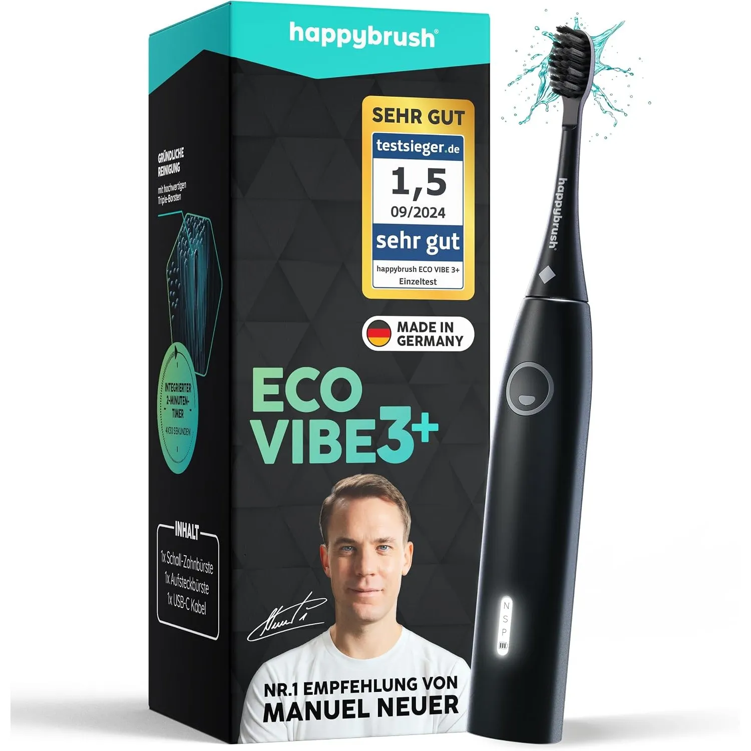 happybrush® Schallzahnbürste Eco Vibe 3+ – TESTSIEGER – 100 Tage testen - Elektrische Zahnbürste mit 8 Wochen Power Akk…