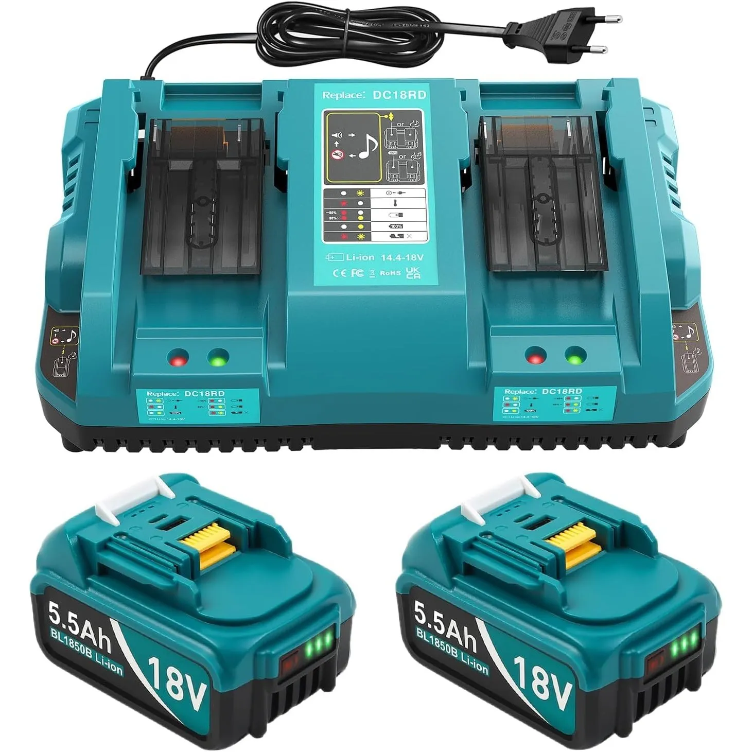 DC18RD Ladegeräte und 2 Stücke 5.5Ah Ersatzakkus für Makita 18V Akkus