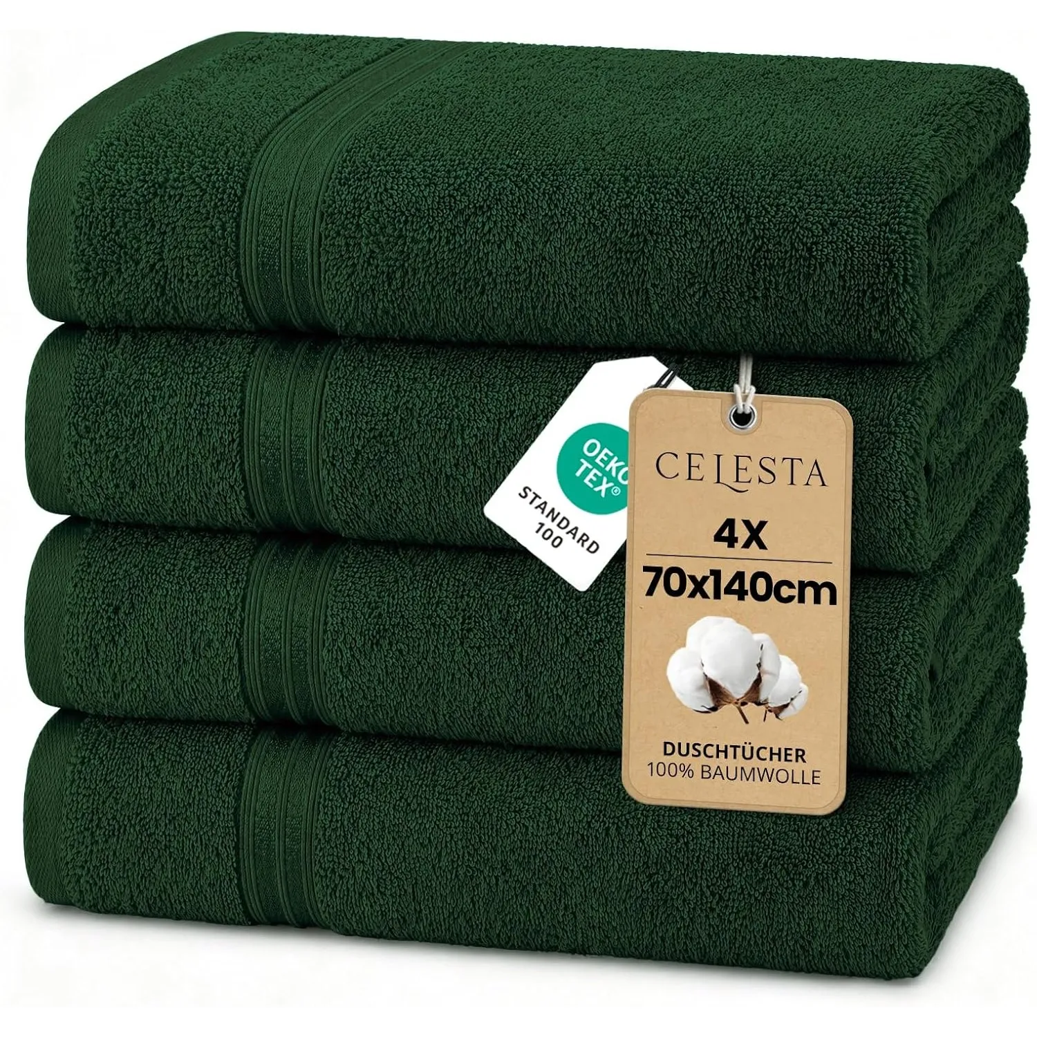 CELESTA Badetücher 70x140 cm, 4er-Set 100% Baumwolle Frottee, Grün