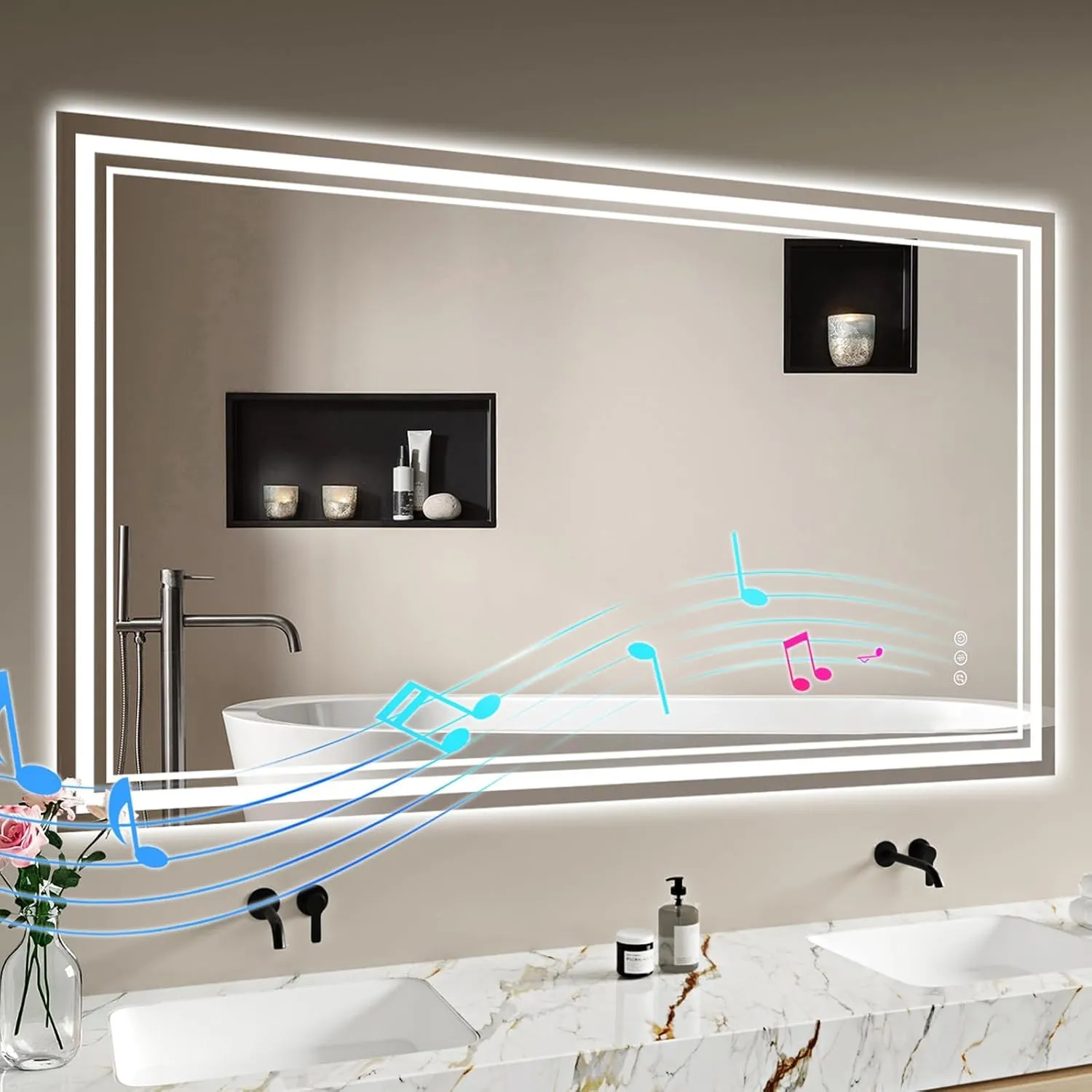 Badspiegel-mit-Beleuchtung 120x70 - LED Badezimmerspiegel mit Bluetooth Badezimmer Spiegel mit Beleuchtung, Beschlagfre…