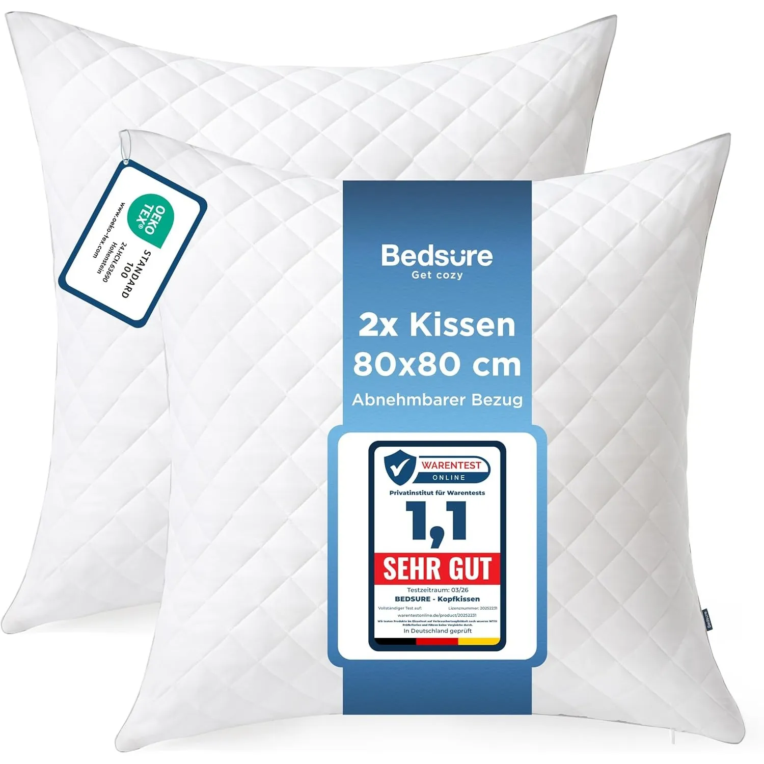 BEDSURE Kopfkissen 80x80 2er Set - Kissen 80x80 mit Reißverschluss, Anti-Milben - Antiallergisch Schlafkissen, Oeko-TEX…