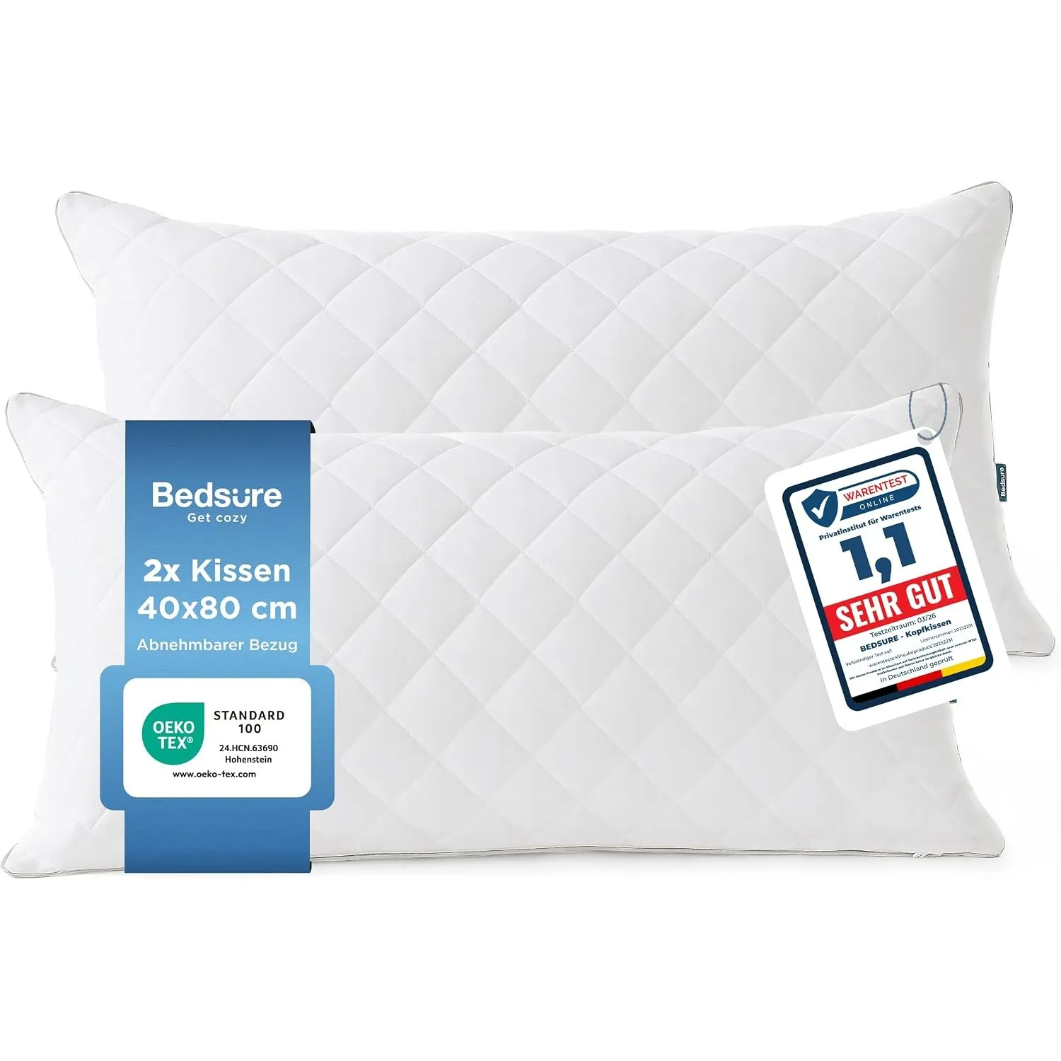 BEDSURE Kopfkissen 40x80 2er Set - Kissen 40x80 mit Reißverschluss, Anti-Milben - Antiallergisch Schlafkissen, Oeko-TEX…