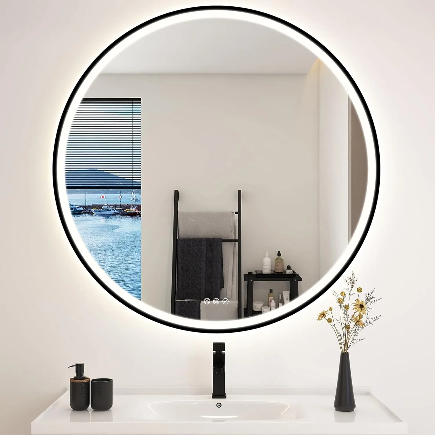 STARLEAD Badspiegel-Rund-mit-Beleuchtung 100cm Diameter, LED-Spiegel-Rund mit Bluetooth, Dimmbar, 3 Lichtfarben, Entfog…