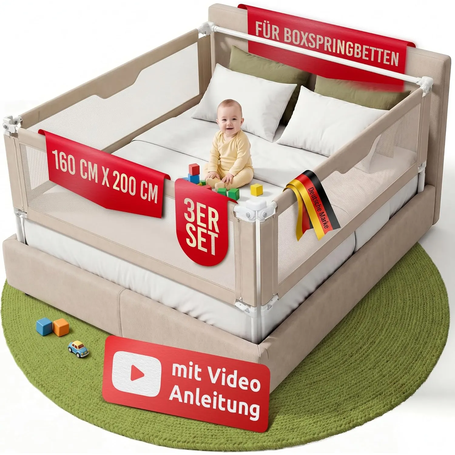 Mallie® Rausfallschutz Boxspringbett 160x200cm Elternbett Beige | 3-seitiges Set mit MALLIEFIX 2.0 Click-System, extra …
