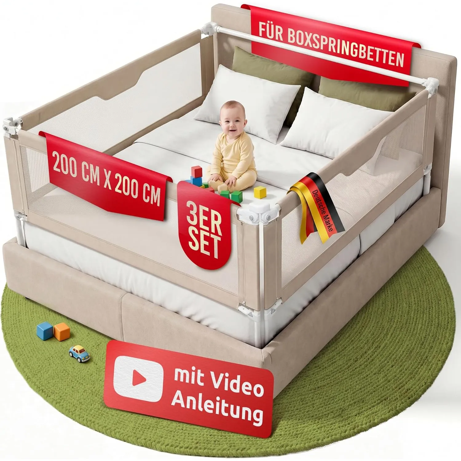 Mallie® Rausfallschutz Boxspringbett 200x200cm Elternbett Beige | 3-seitiges Set mit MALLIEFIX 2.0 Click-System, extra …