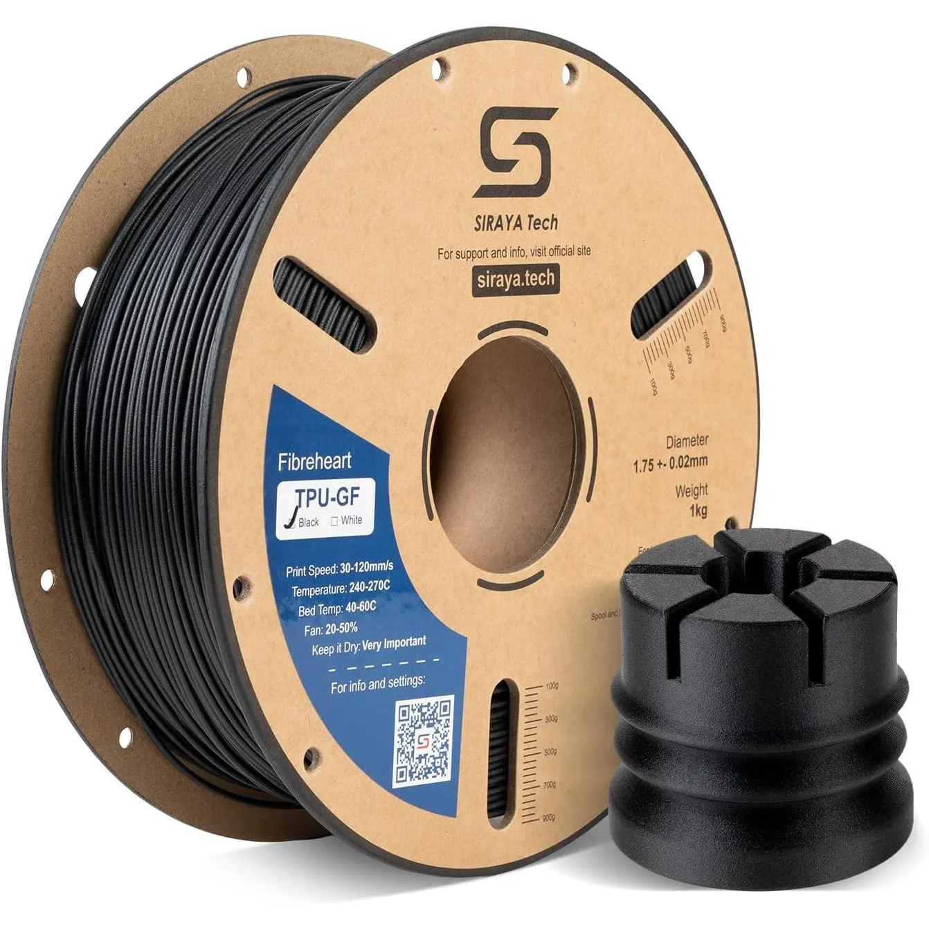 Siraya Tech Flex TPU-GF 3D Drucker Filament (Schwarz, 1kg) | Glasfaserverstärktes TPU, extrem verzugsarm, schlagfest, v…