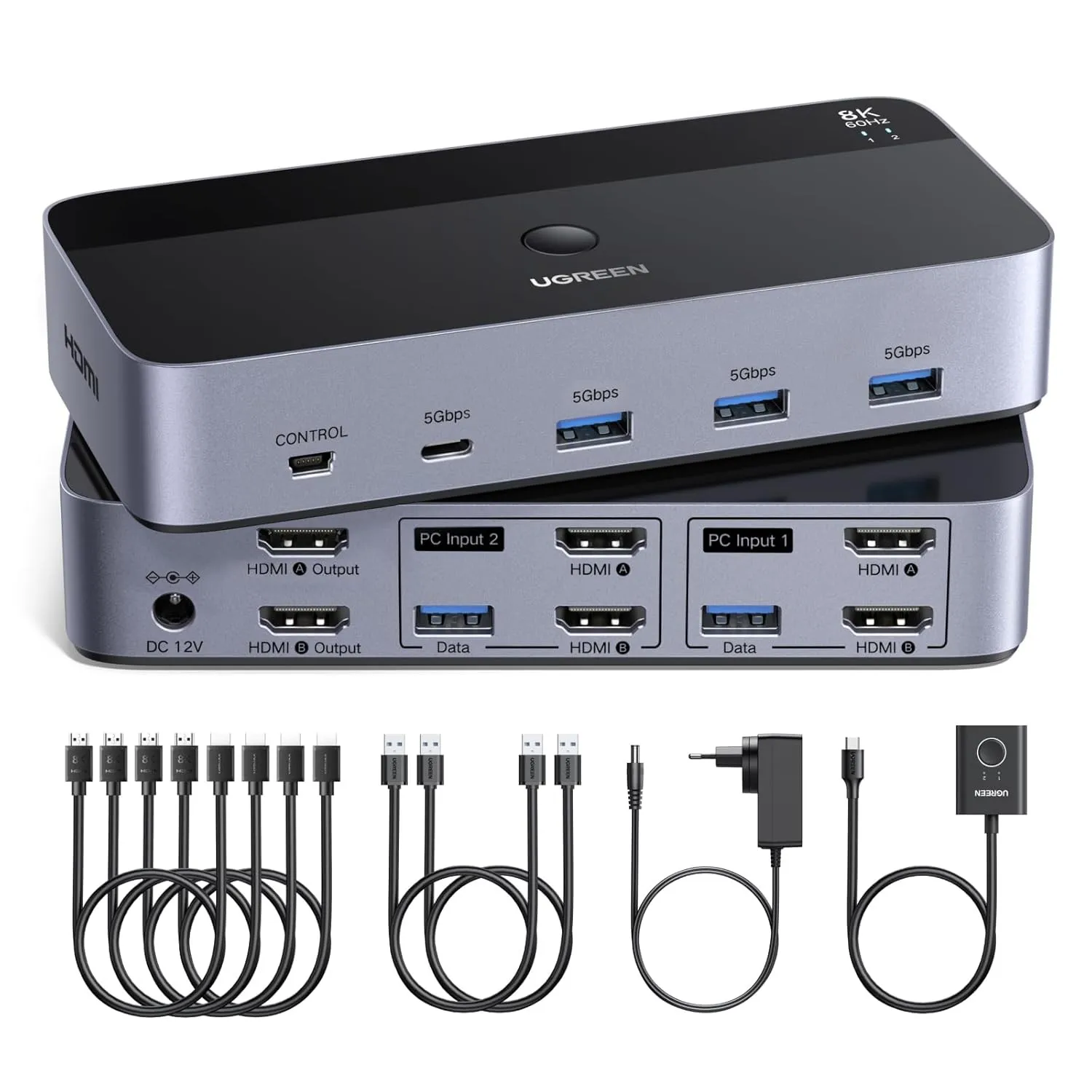 UGREEN HDMI 2.1 KVM Switch 2 PC 2 Monitore 8K60Hz 4K240Hz mit 4 HDMI Kabeln