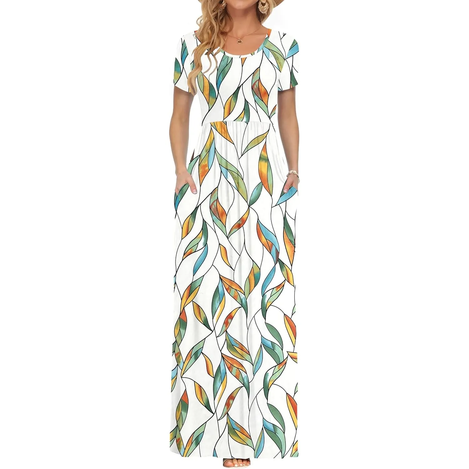 AUSELILY Damen Kurzarm Sommer Casual Long Maxi Kleider mit Taschen | Ganzjähriges Tragen, solider Blumendruck, Freizeit…