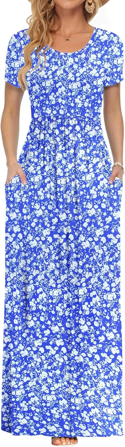 Auselily Women's Short-Sleeved, Loose Casual Long Maxi Dresses with Pockets