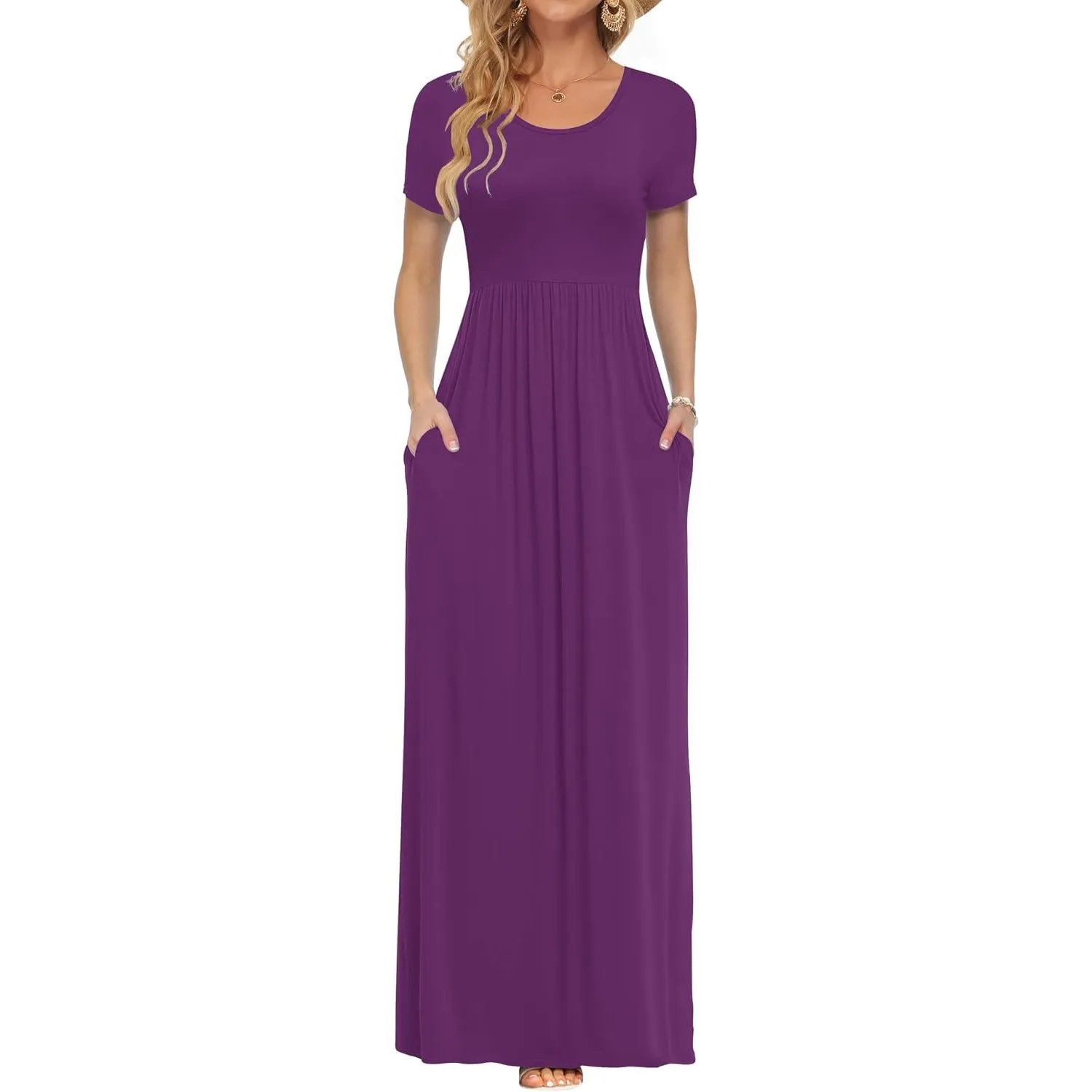 AUSELILY Damen Kurzarm Sommer Casual Long Maxi Kleider mit Taschen | Ganzjähriges Tragen, solider Blumendruck, Freizeit…