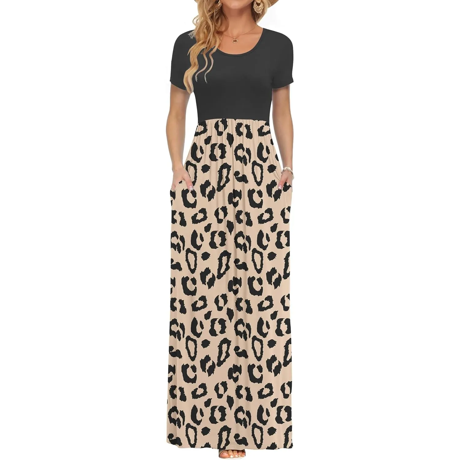 AUSELILY Damen Kurzarm Sommer Casual Long Maxi Kleider mit Taschen | Ganzjähriges Tragen, solider Blumendruck, Freizeit…