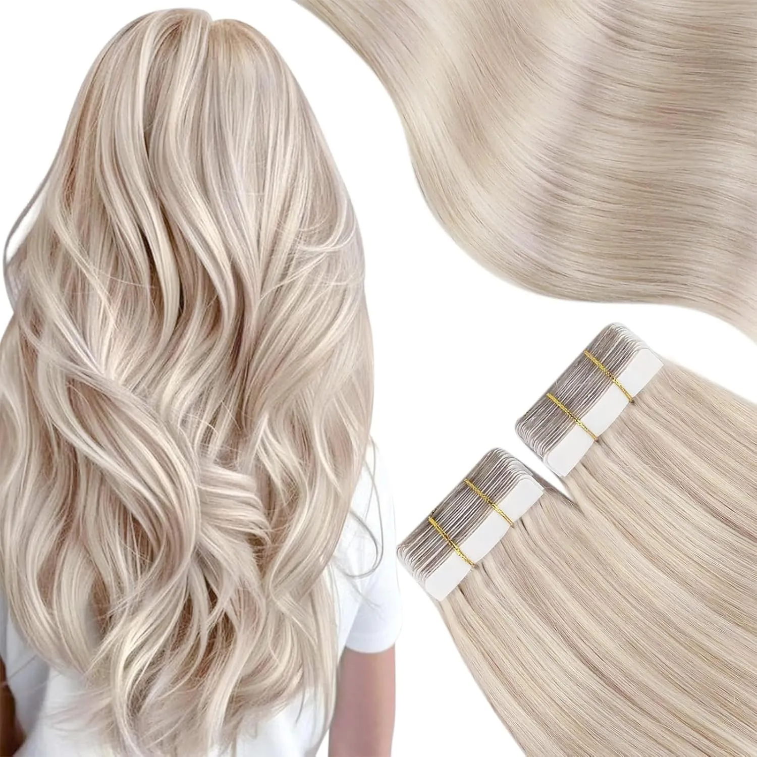 Moresoo Echthaar Extensions Tape Platinblond Remy 35 cm 20 Stück/40g