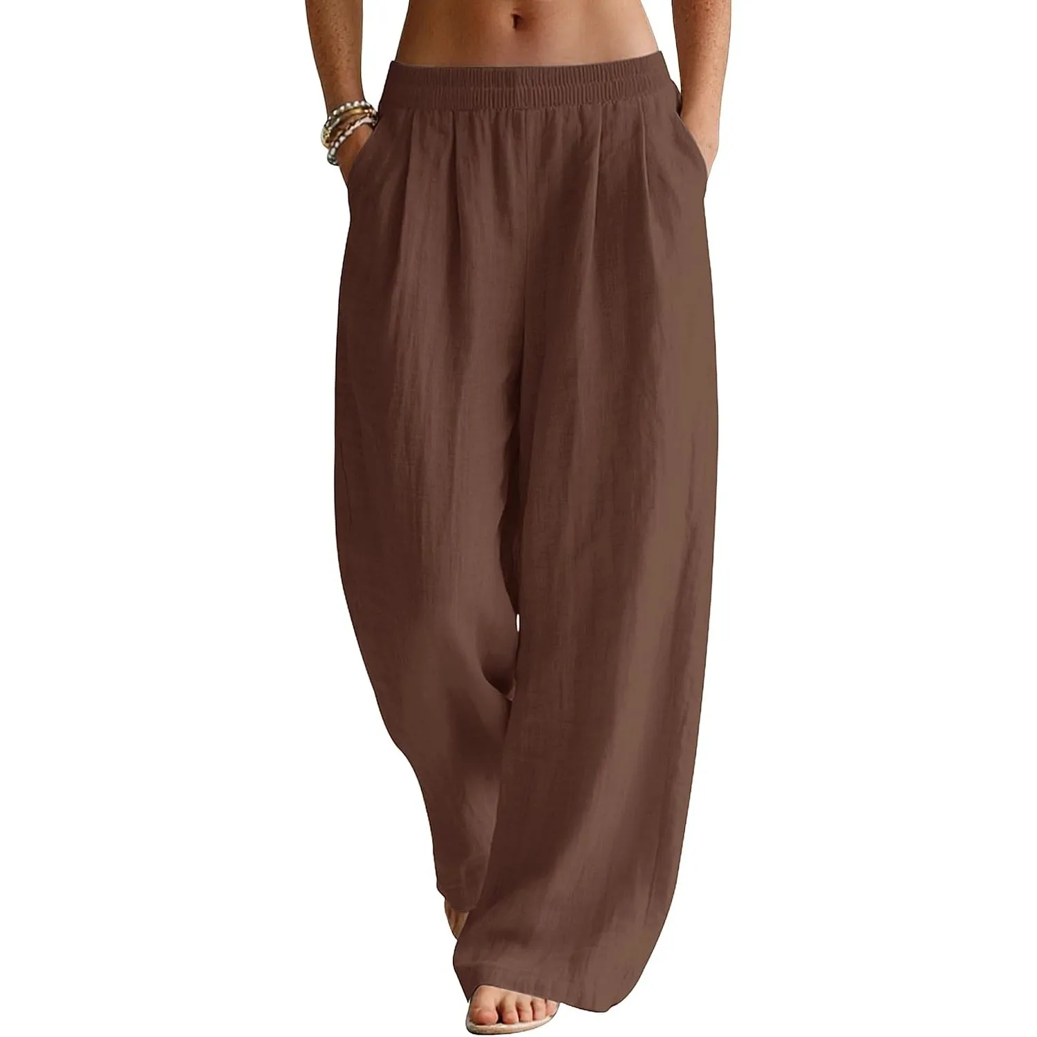 Rapbin Leinenhose Damen Sommerhose Leicht Weite Stoffhose mit Taschen