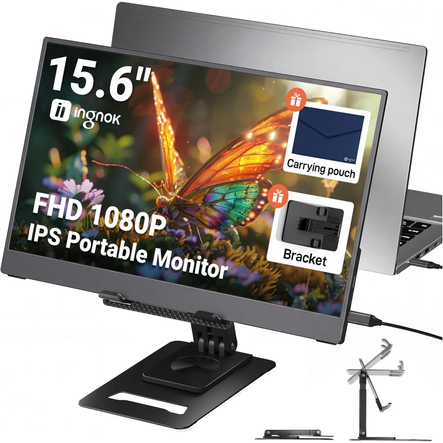 Ingnok Tragbarer Monitor 15,6 Zoll FHD IPS, Portable Monitor für Laptop | Ultra-dünner Mobile Monitor mit verstellbarem…