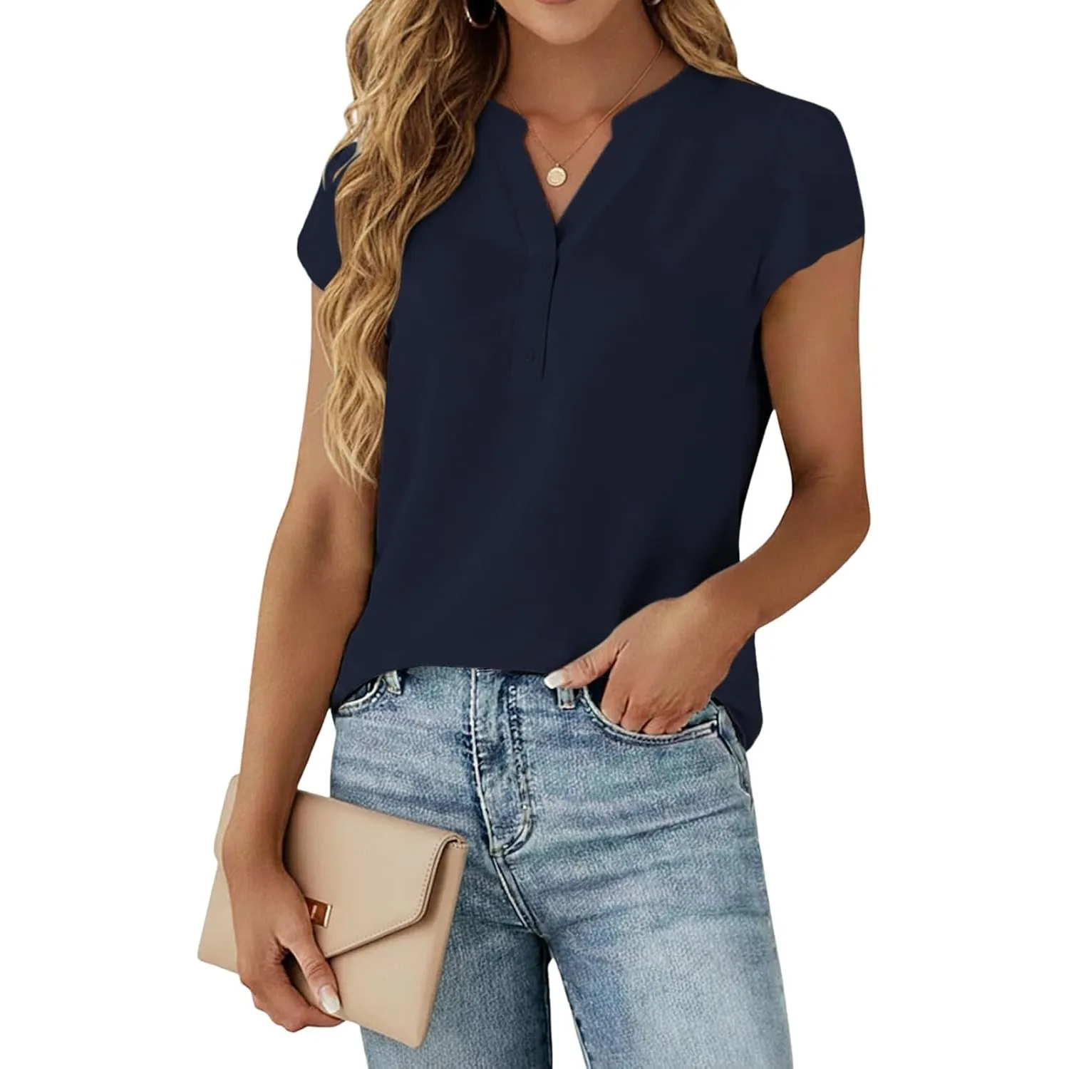 Cuptacc Bluse Damen Sommer V-Ausschnitt Kurzarm Oberteile Damen Elegant Chiffon Shirt Casual Business Outfit