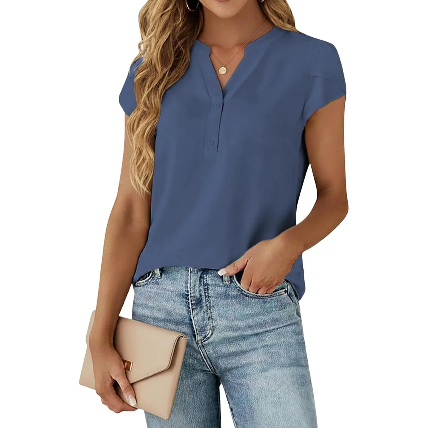 Cuptacc Bluse Damen Sommer V-Ausschnitt Kurzarm Oberteile Damen Elegant Chiffon Shirt Casual Business Outfit