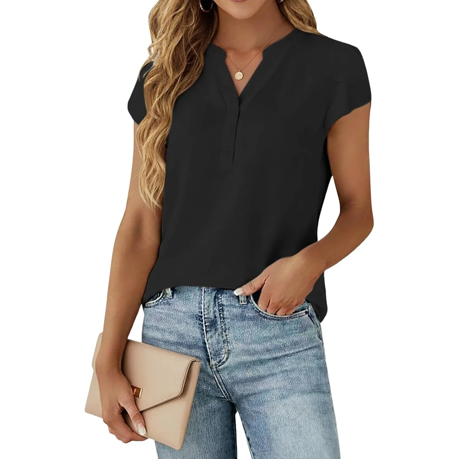 Cuptacc Bluse Damen Sommer V-Ausschnitt Kurzarm Oberteile Damen Elegant Chiffon Shirt Casual Business Outfit