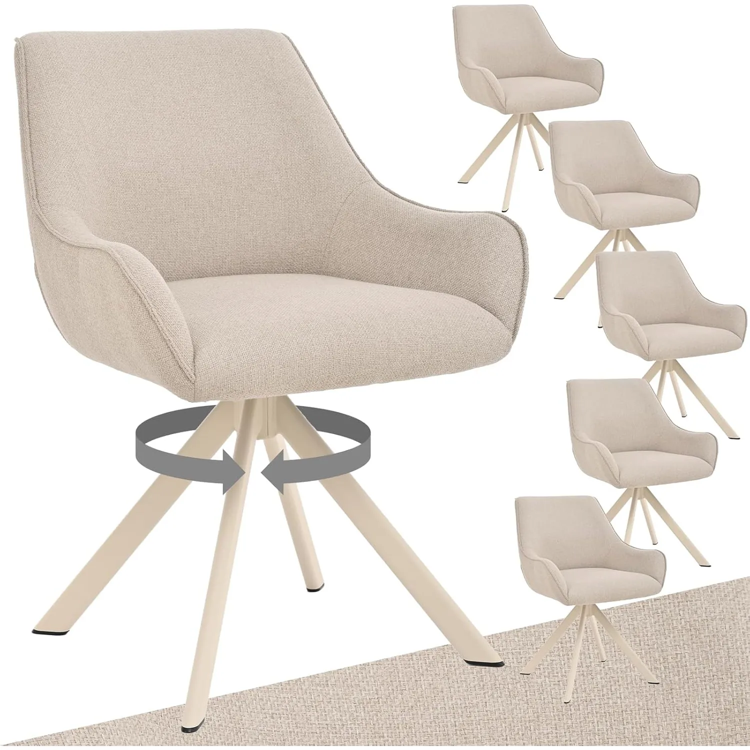 Esszimmerstühle Drehbar 6er Set mit Armlehne – 360°Drehbar Polsterstuhl Leinen Modern Drehstuhl Küchenstuhl mit Beige M…