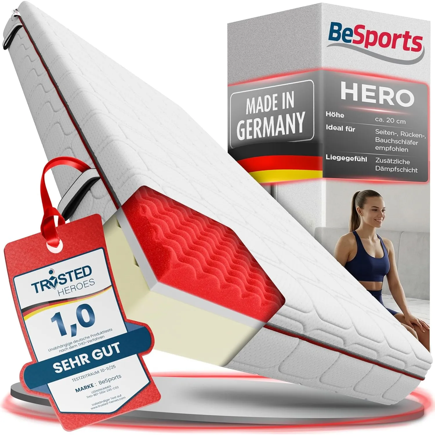 Hero Kaltschaummatratze 90x200, H3/H4, 7-Zonen, Note 1,0, wendbar | Zwei Liegehärten, Airflex-Hybridschaum, 800+ Kontak…