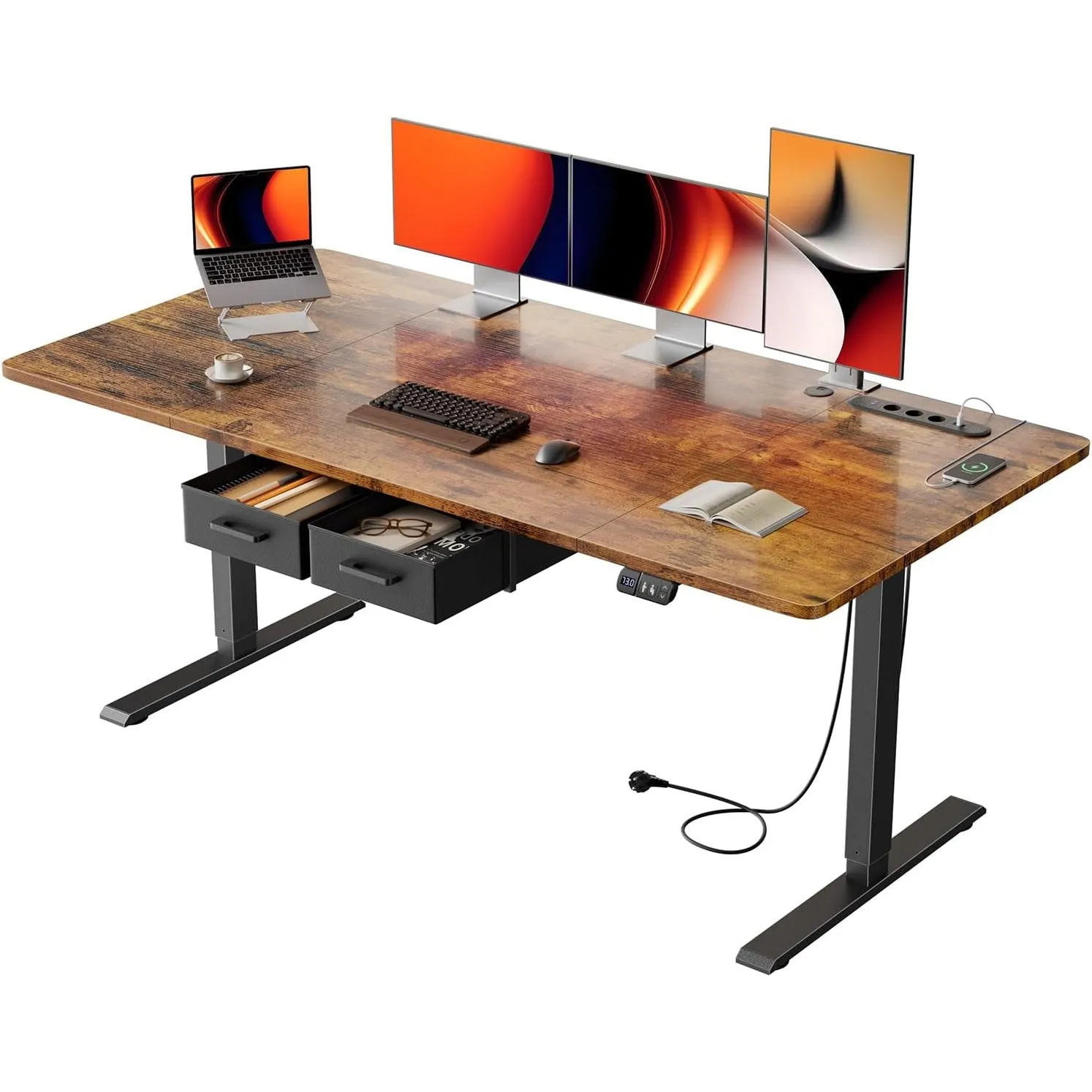 HLONONE Höhenverstellbarer Schreibtisch mit Steckdose, 160x80 cm, Braun
