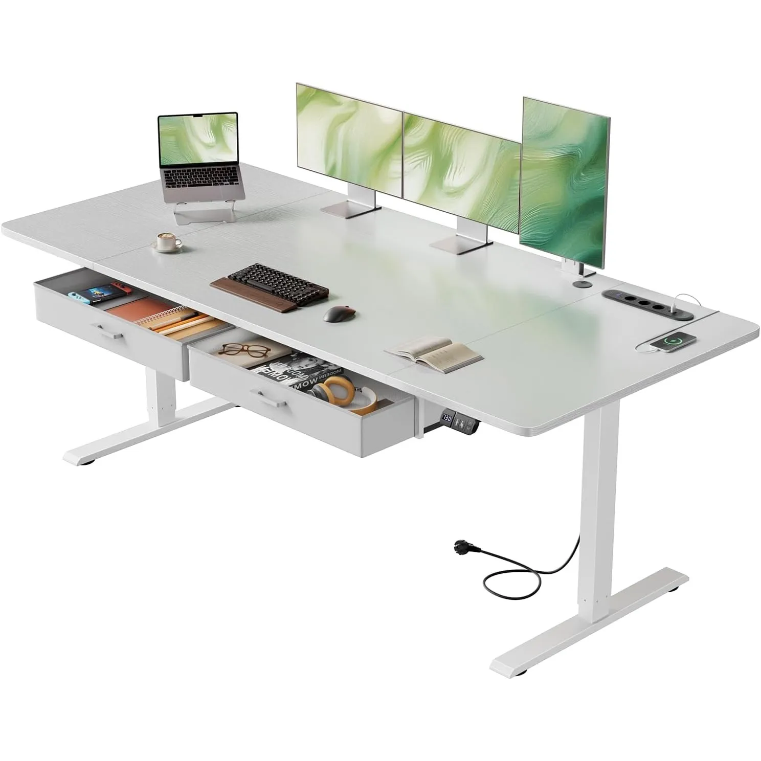 HLONONE 180 x 80 cm Höhenverstellbarer Schreibtisch mit Steckdose, Weiß