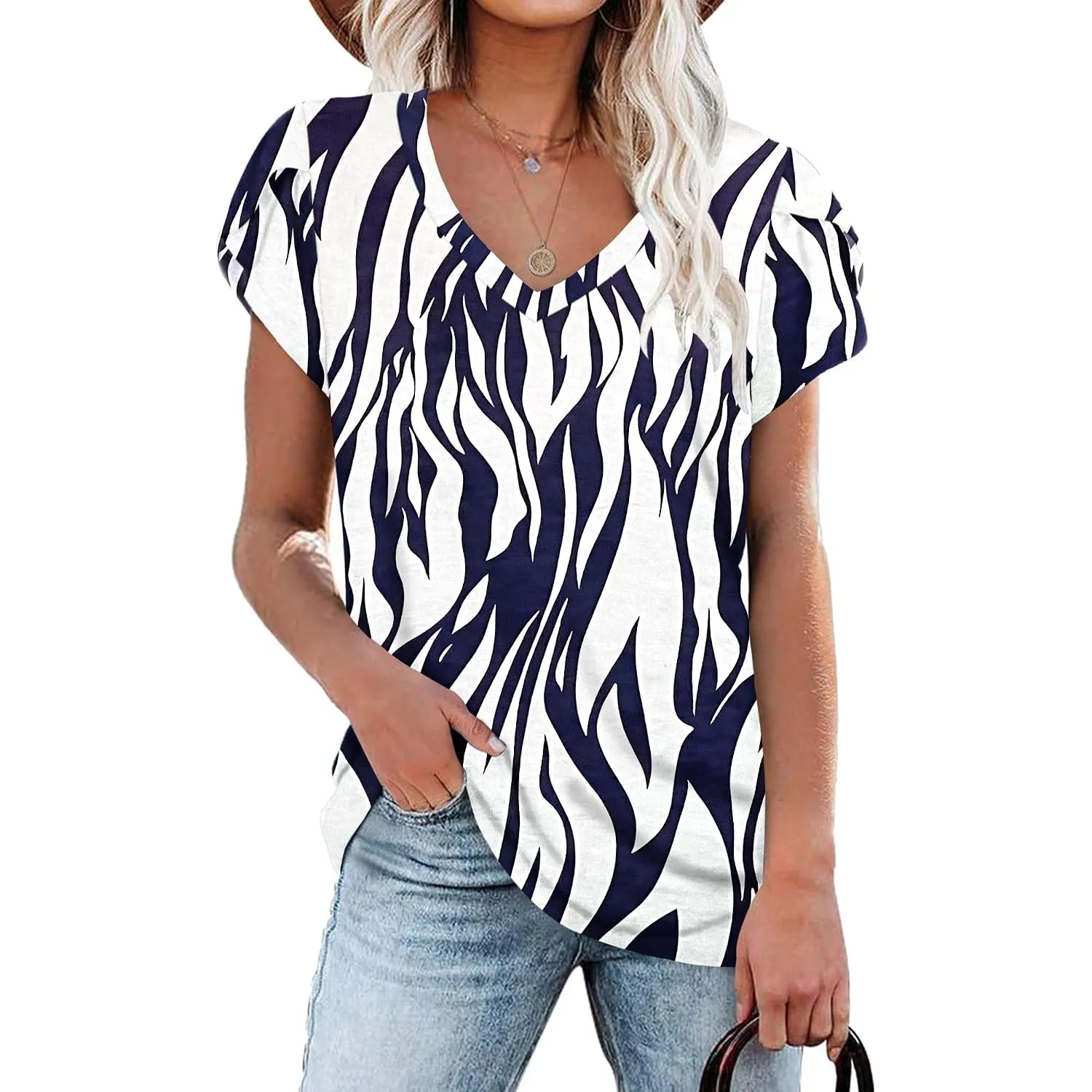 PLOKNRD Damen Tops V-Ausschnitt Blütenblatt Ärmel T-Shirt Sommer Freizeit Kurzen Ärmeln Strand Oberteile