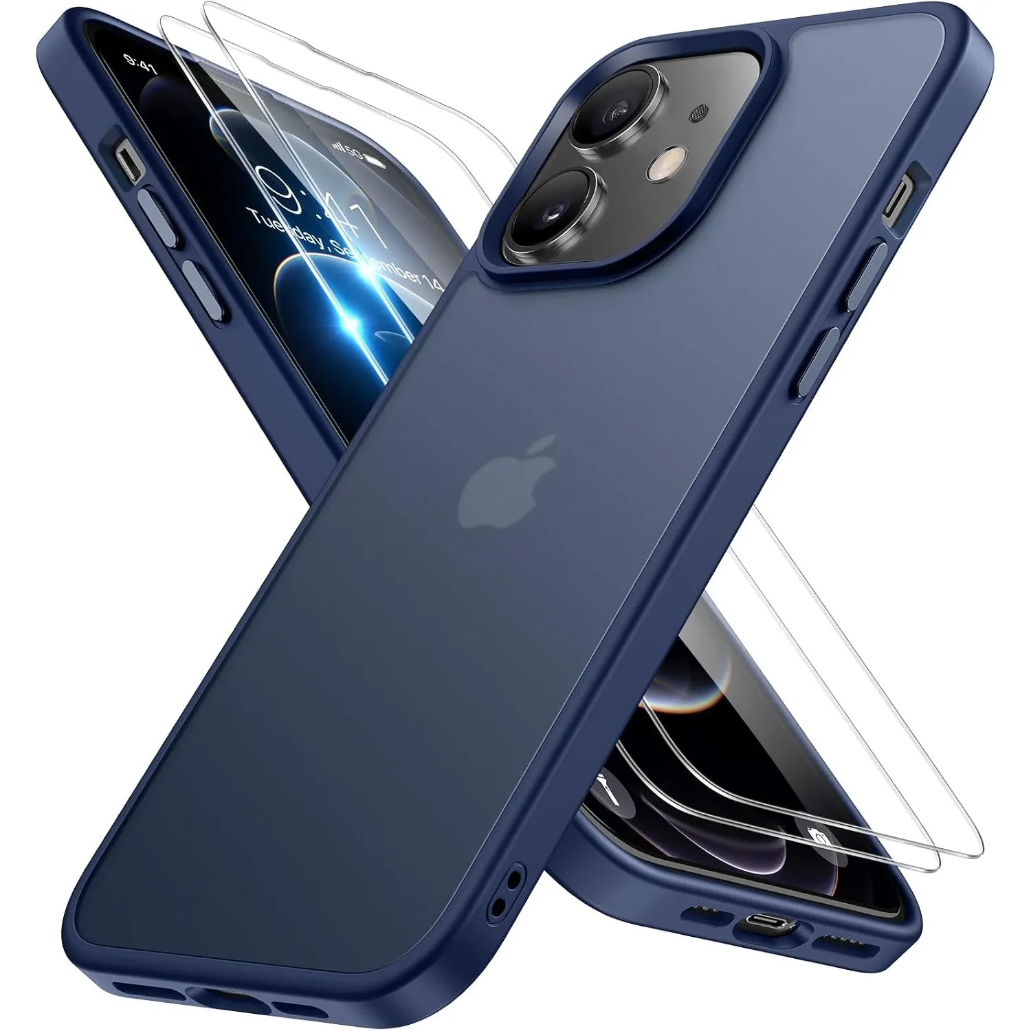 Miracase für iPhone 12/12 Pro Hülle mit 2 9H+ Panzerglas, Blau-w