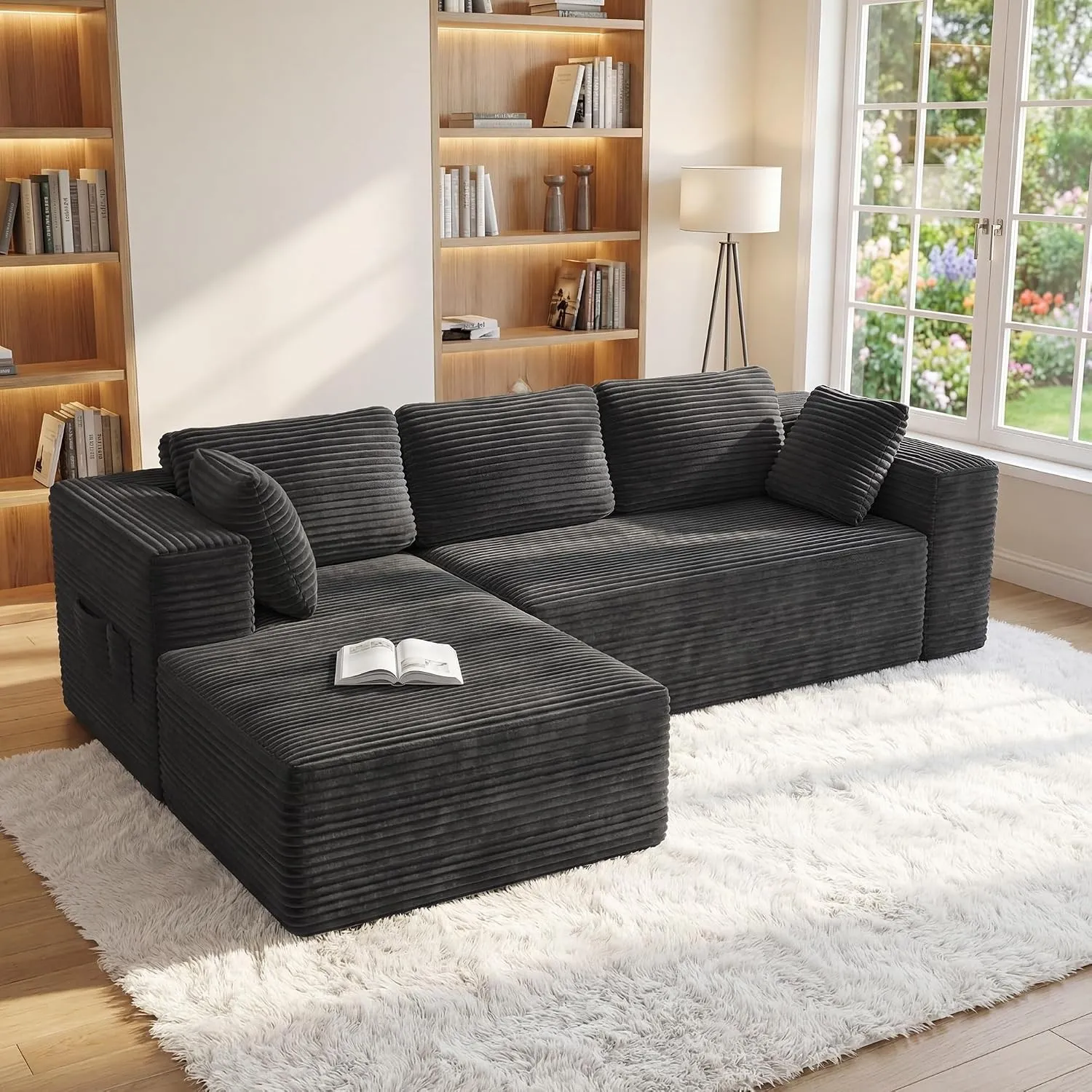 Xbro Ecksofa L-Form modular, Montagefrei Cord Couch 3-Sitzer, Flexibel kombinierbar mit Kissen & Seitentaschen, Für Woh…