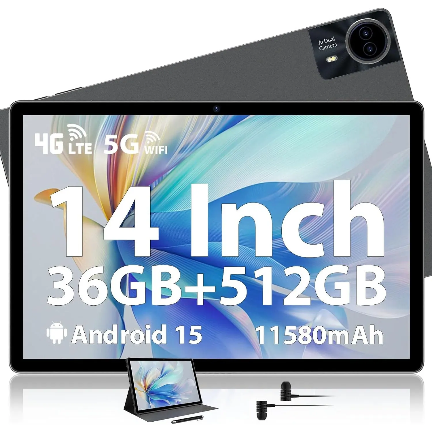 14 Zoll, 36GB RAM+512GB ROM/1TB TF SIM Tablet 2K 2000x1200 Touch Display, 4G LTE+5G WLAN, Android 15, Octa-Core, 4 Laut…