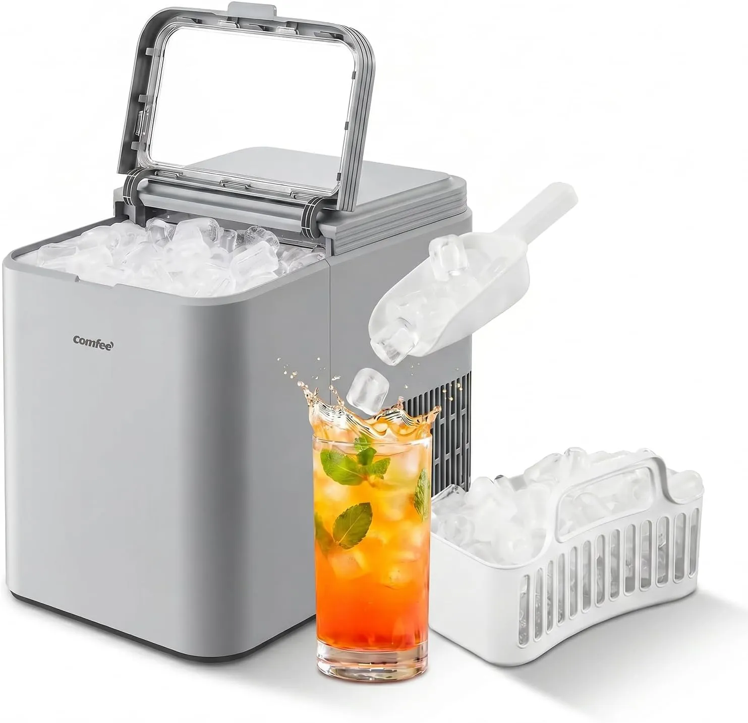 Comfee RCI12GY1EU(E) Ice Cube Machine, 8 Ice Cubes in 6 Minutes, 12 kg/24 Hours, 1.3 L Water Tank, Self-Cleaning Functi…