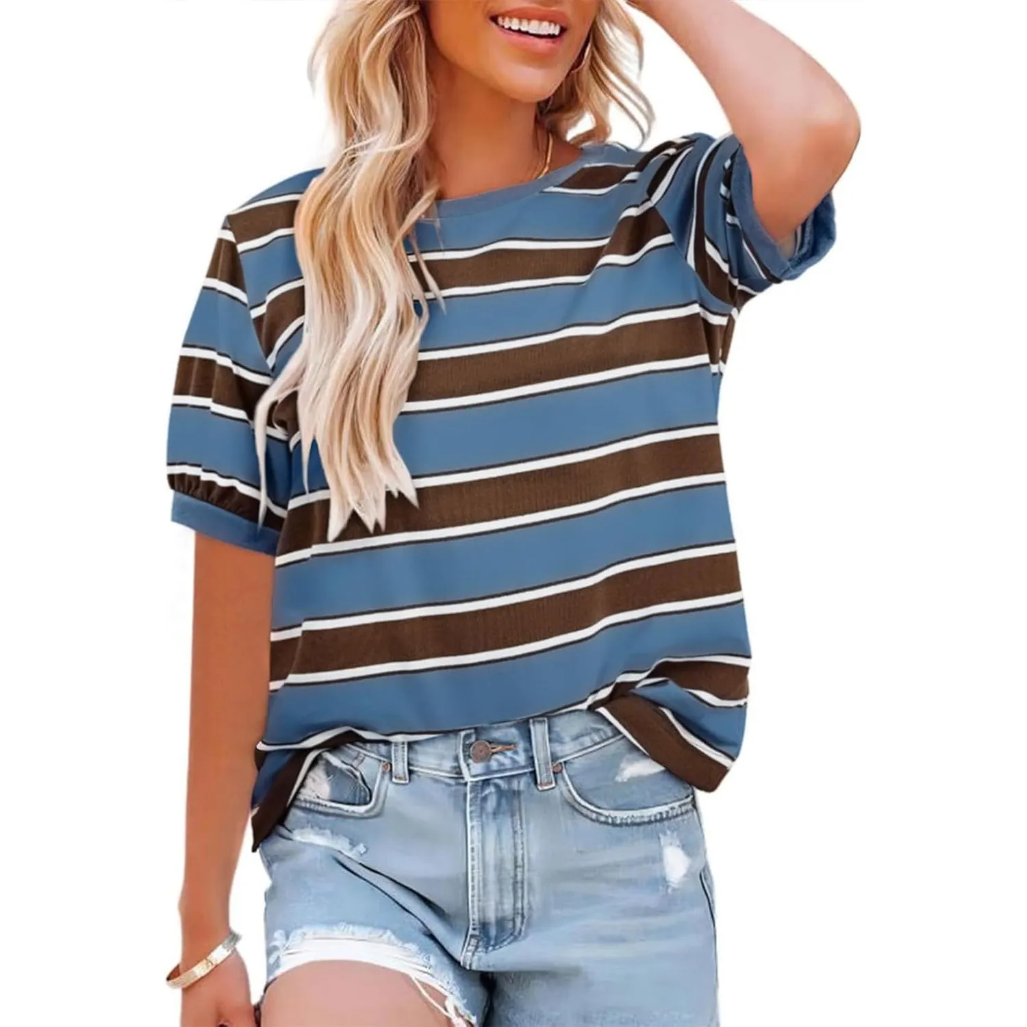 Cuptacc Tshirt Damen Rundhals Locker Oberteile Bunt Gestreiftes Tunika Damen Sommer Casual Baumwolle T Shirt Kontrast K…