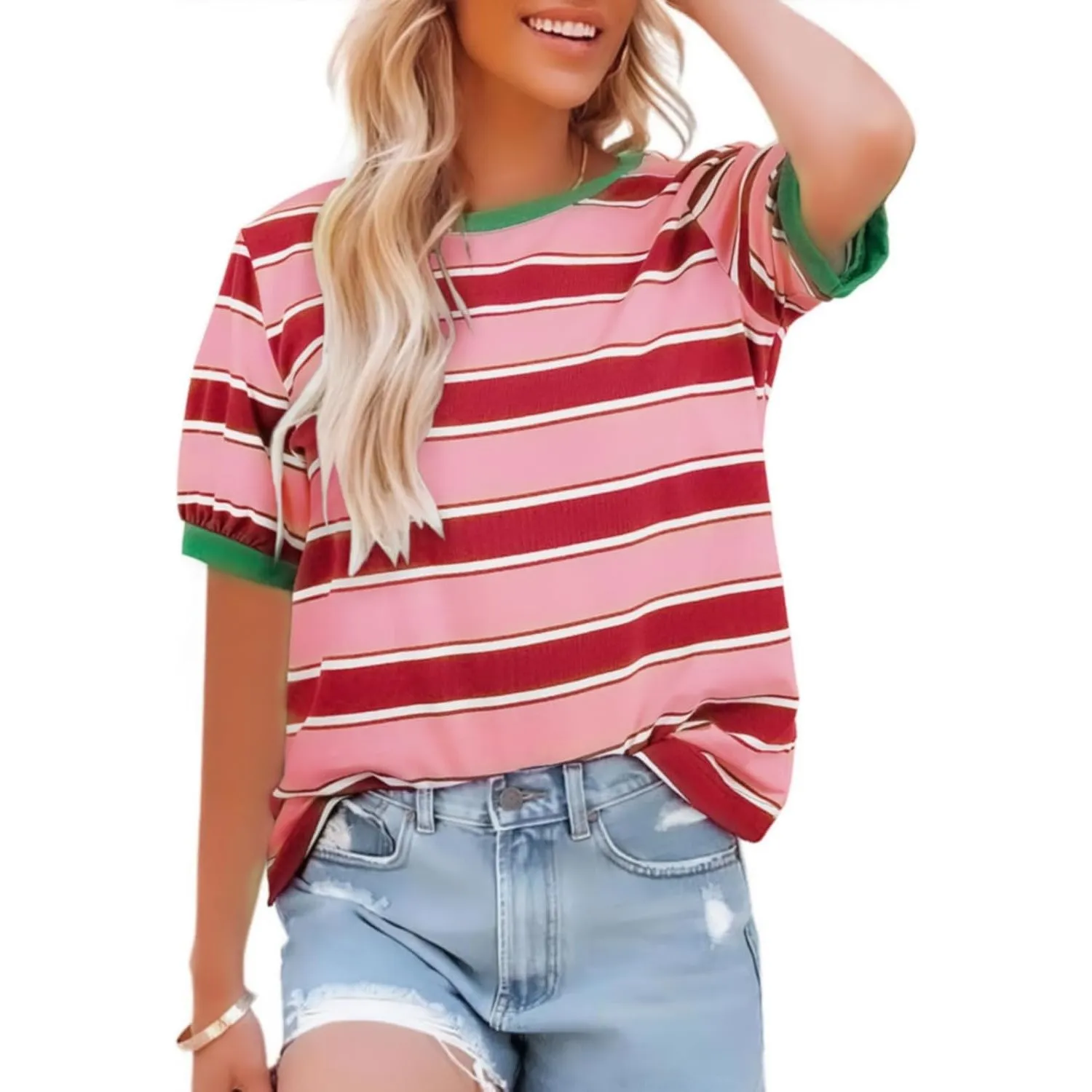 Cuptacc Tshirt Damen Rundhals Locker Oberteile Bunt Gestreiftes Tunika Damen Sommer Casual Baumwolle T Shirt Kontrast K…