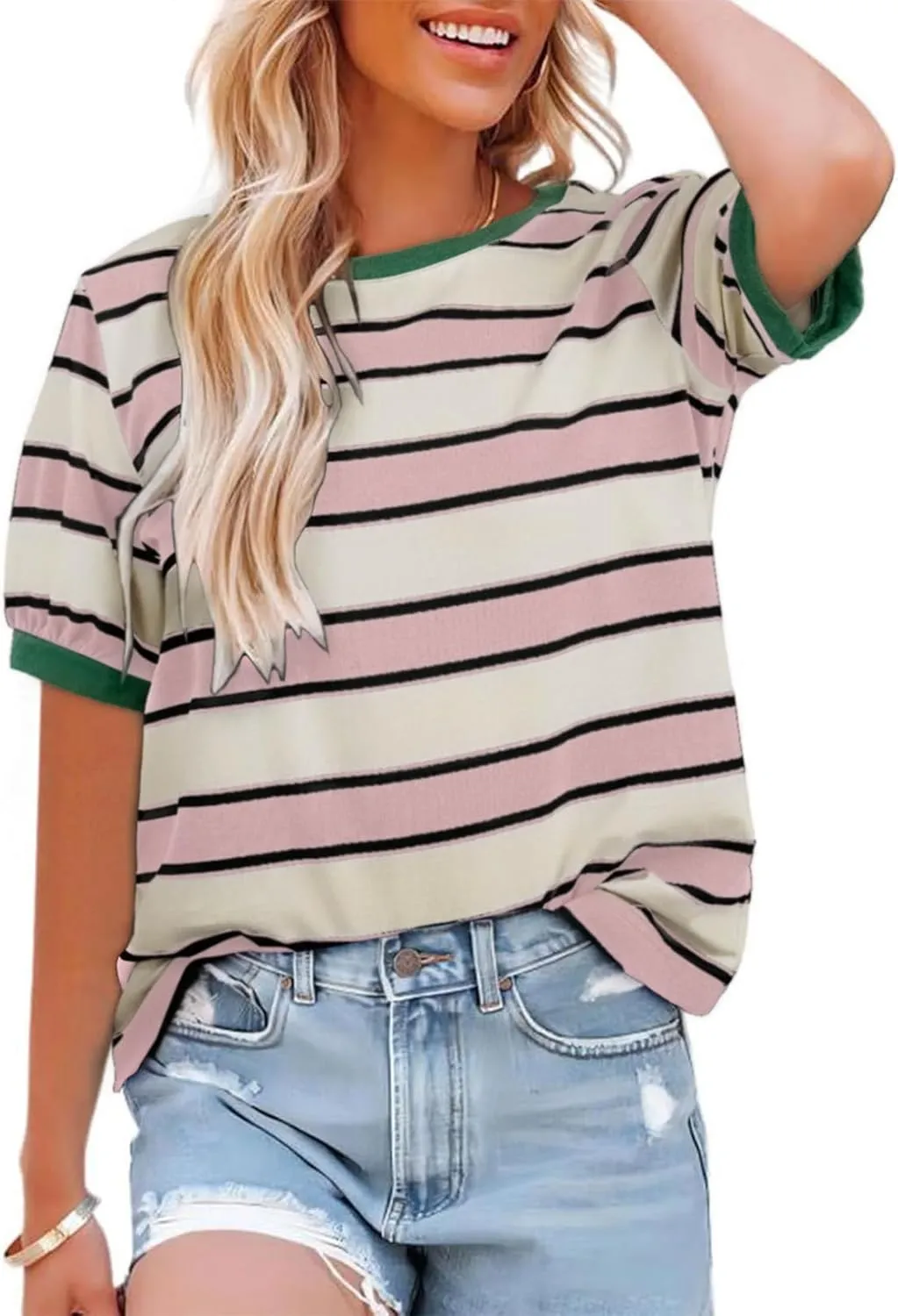 Cuptacc T-Shirt Women's Crew Neck Loose Tops Colourful Striped Tunic Women's Summer Casual Cotton T-Shirt Contrast Shor…
