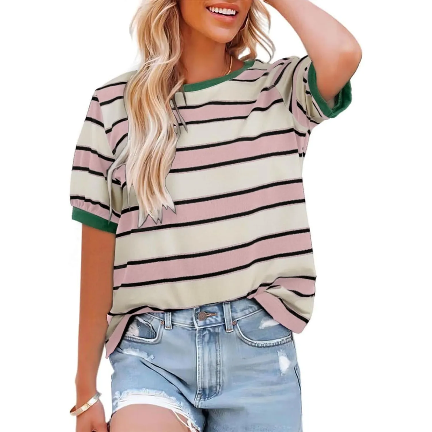Cuptacc Tshirt Damen Rundhals Locker Oberteile Bunt Gestreiftes Tunika Damen Sommer Casual Baumwolle T Shirt Kontrast K…