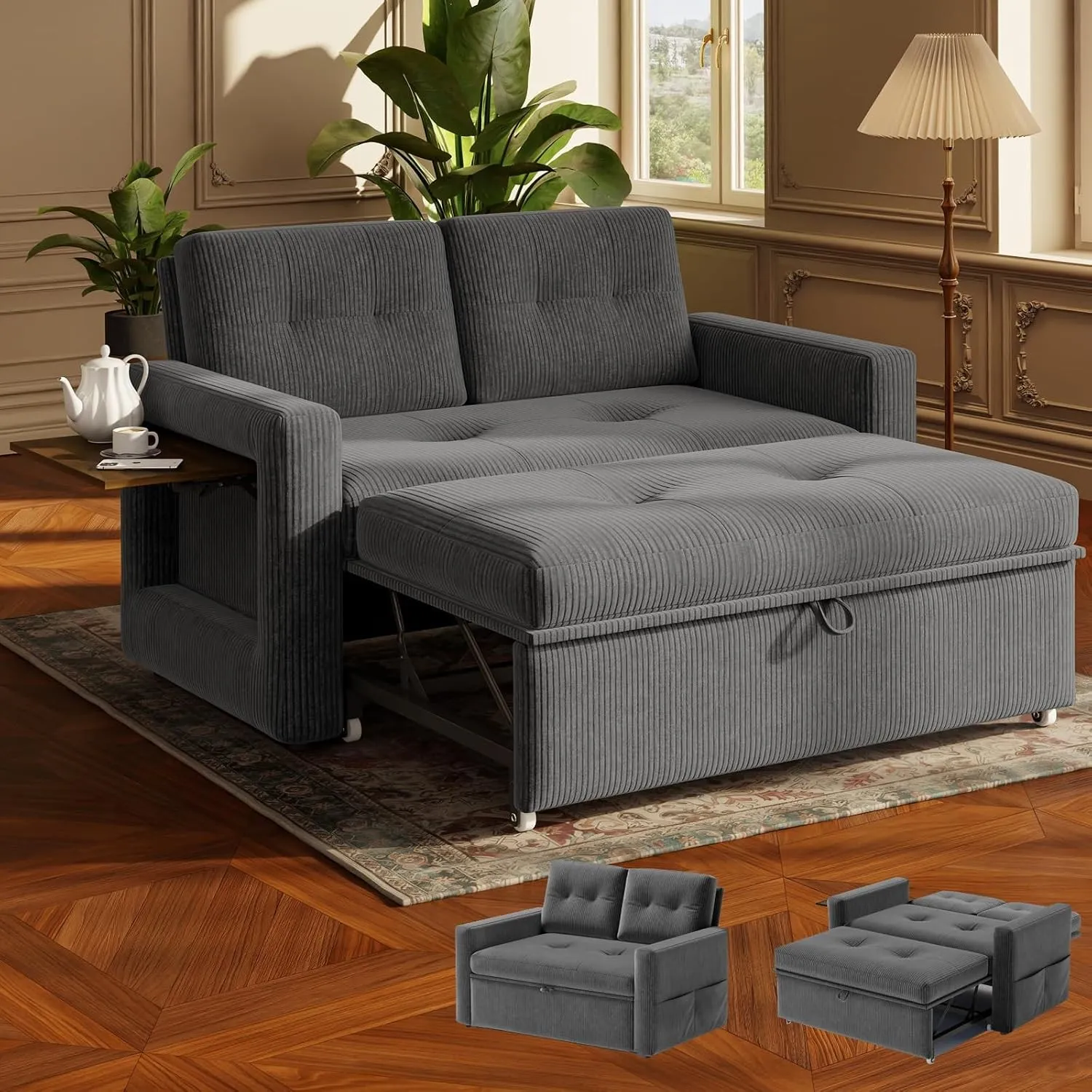 YOUDENOVA Schlafsofa mit 5-stufig Verstellbarer Rückenlehne, 2 Sitzer Sofa mit Schlaffunktion, Sofa Bed mit Tisch, Schl…
