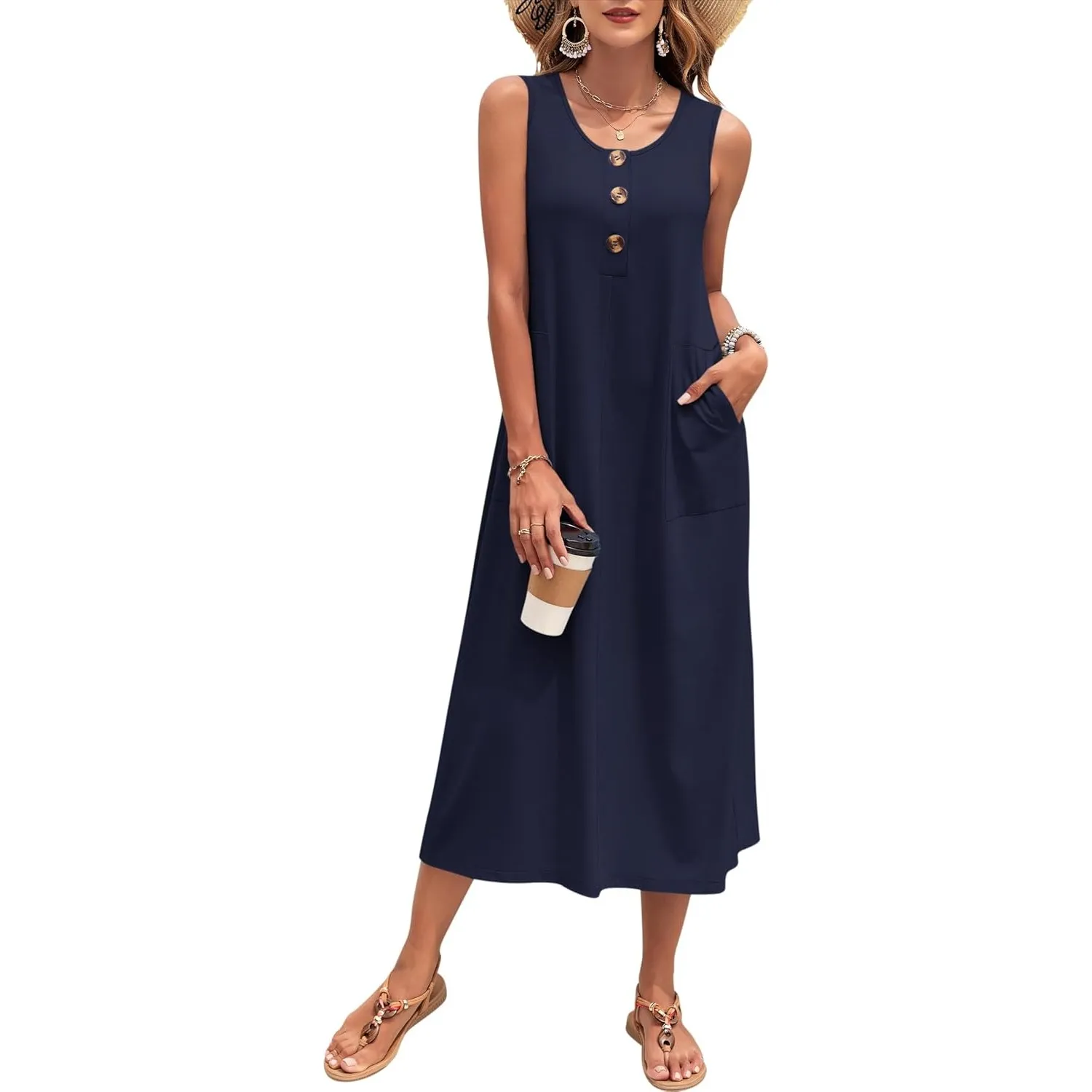 PLOKNRD Damen Sommerkleid Lang Ärmelloses Strandkleid mit Taschen