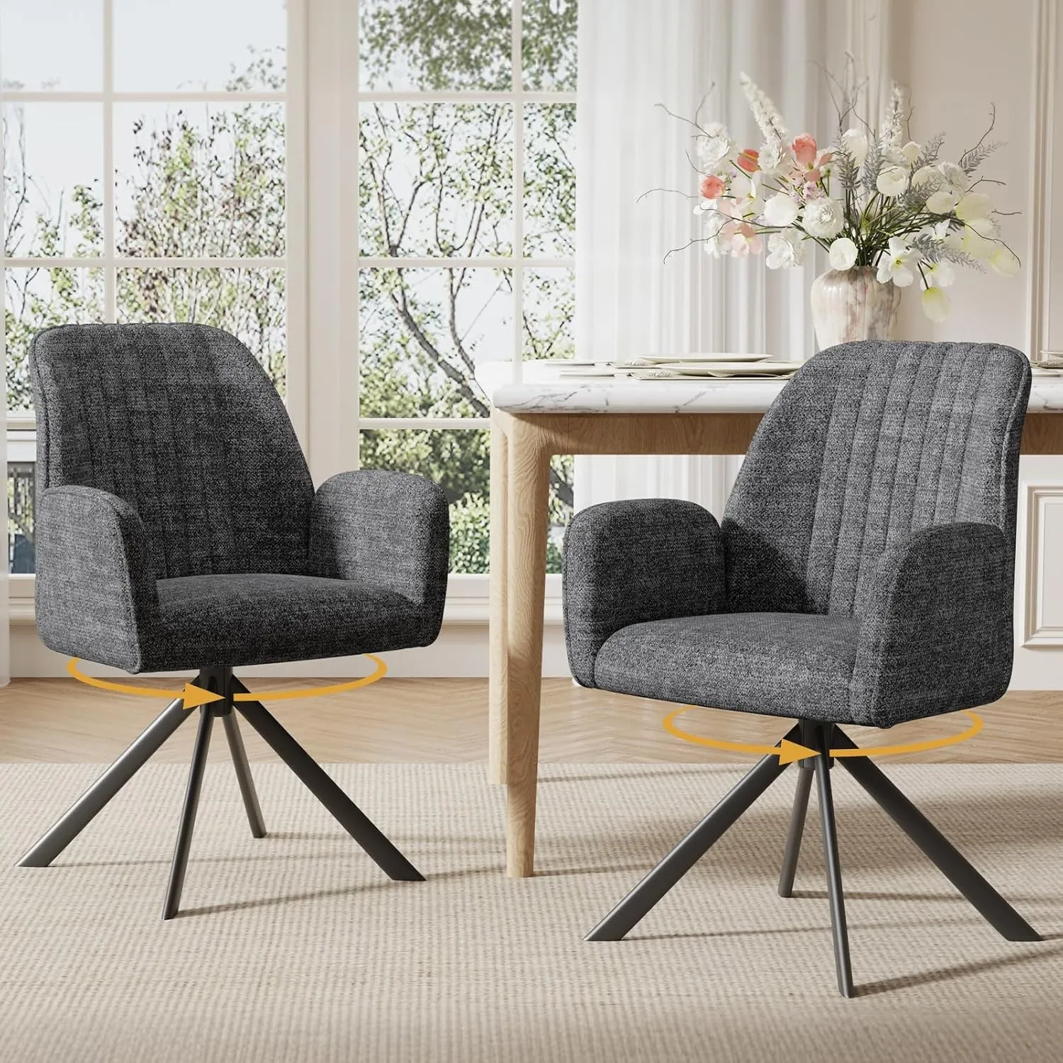 2er Set Esszimmerstühle Drehbar mit Armlehne, 360°Drehbar Polsterstuhl Küchenstuhl aus Chenille, Stühle Esszimmer Schmi…