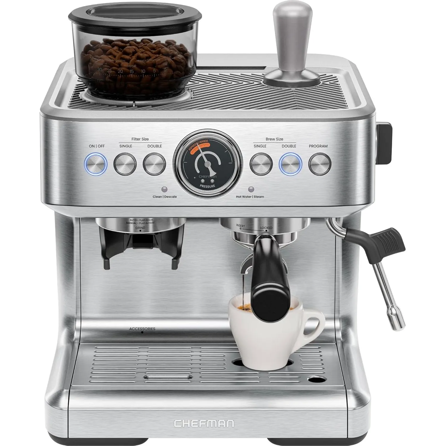 Chefman Crema Supreme 15 Bar Espressomaschine, Kaffeemühle, 30 Mahlgrade | Milchaufschäumer, Barista-Dampfstab, 3L abne…