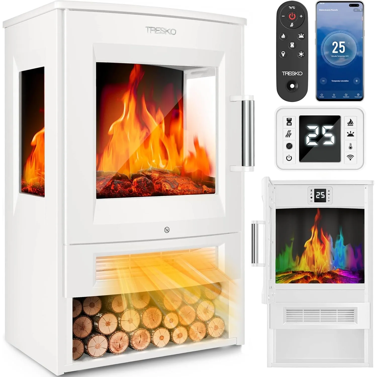 TRESKO® Elektrokamin mit Heizung inkl. Fernbedienung & Smart Home WiFi App